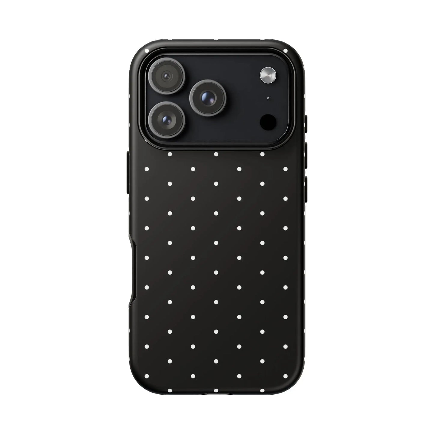 Elegant black tough phone case with white polka dots showing the back side in minimalist protective design