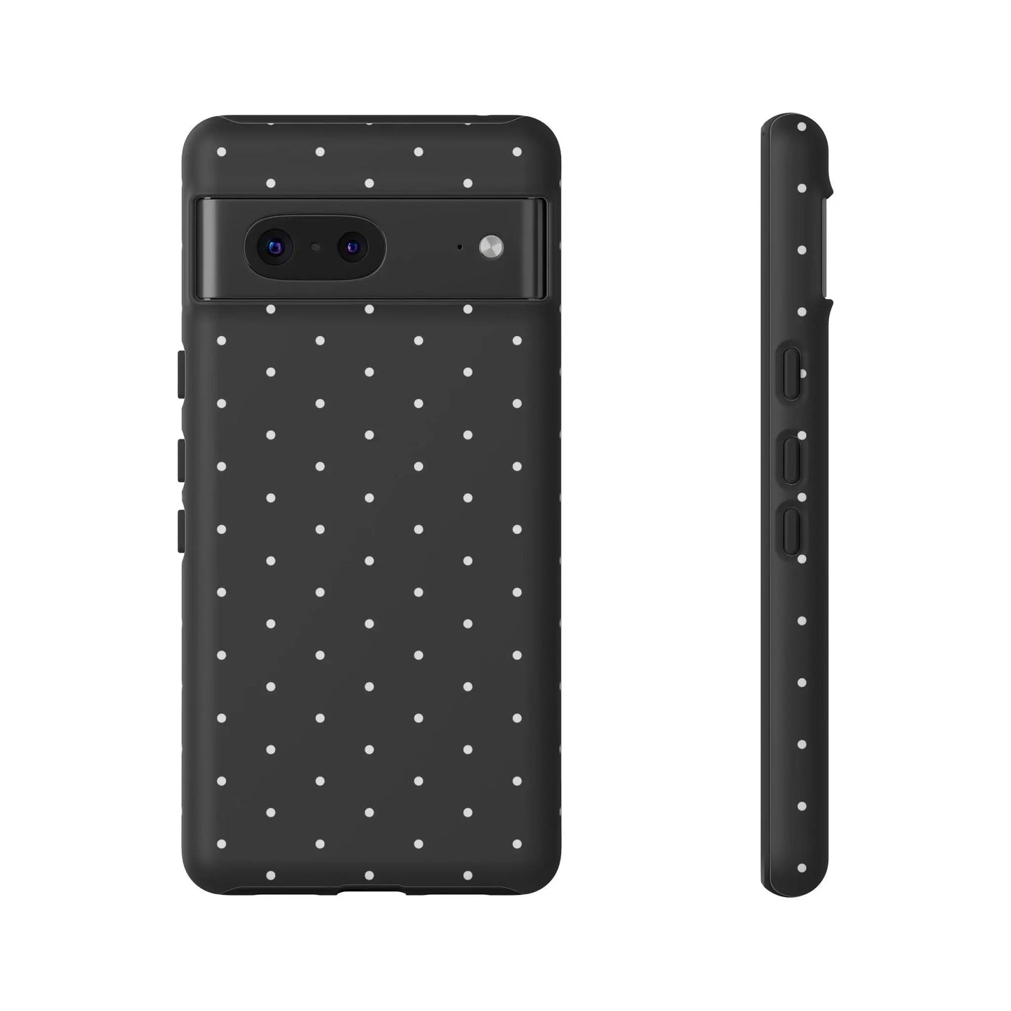 Black tough phone case with elegant black finish and white polka dots shown from the back side