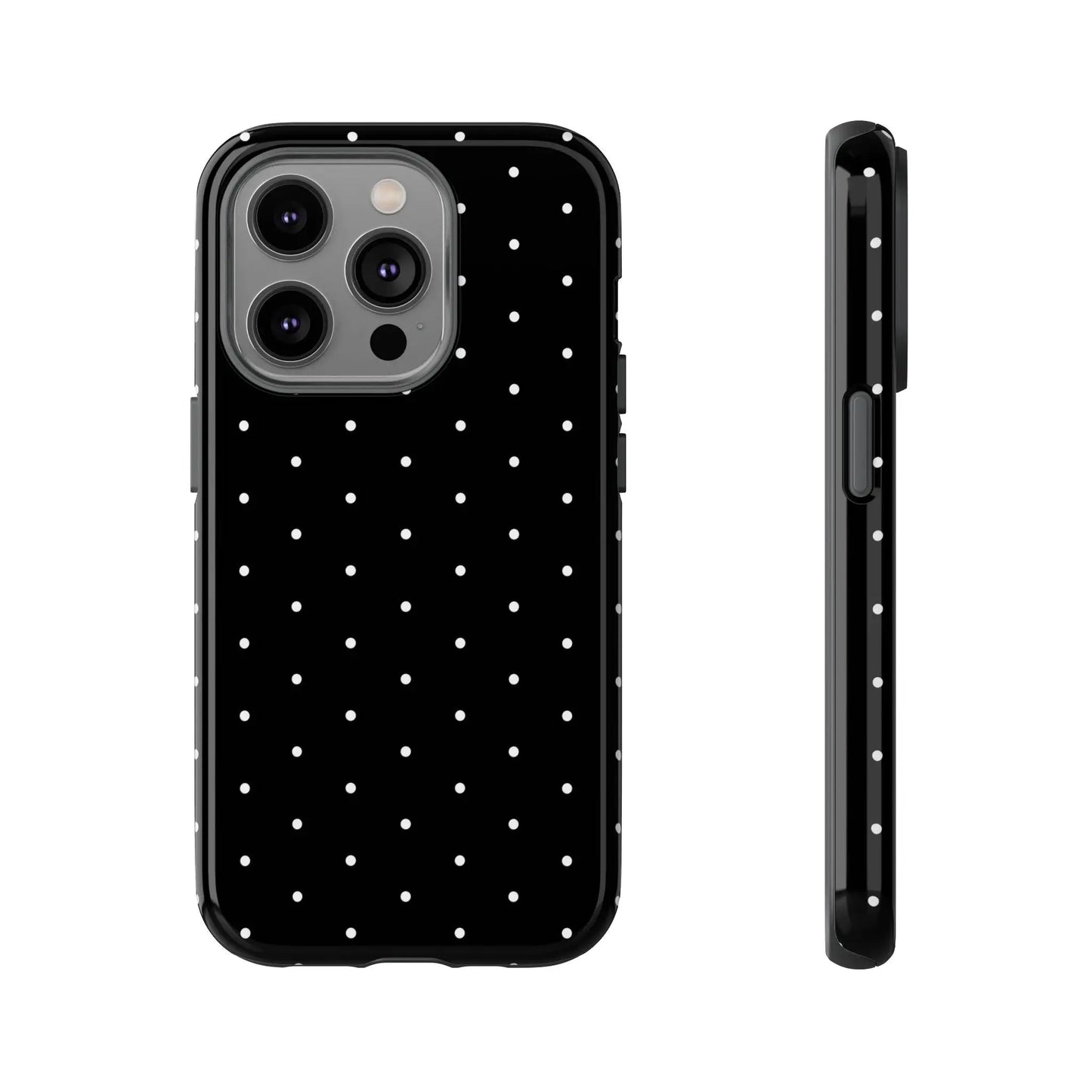 Back side of an elegant black tough phone case with white polka dots stylish minimalist protective cover