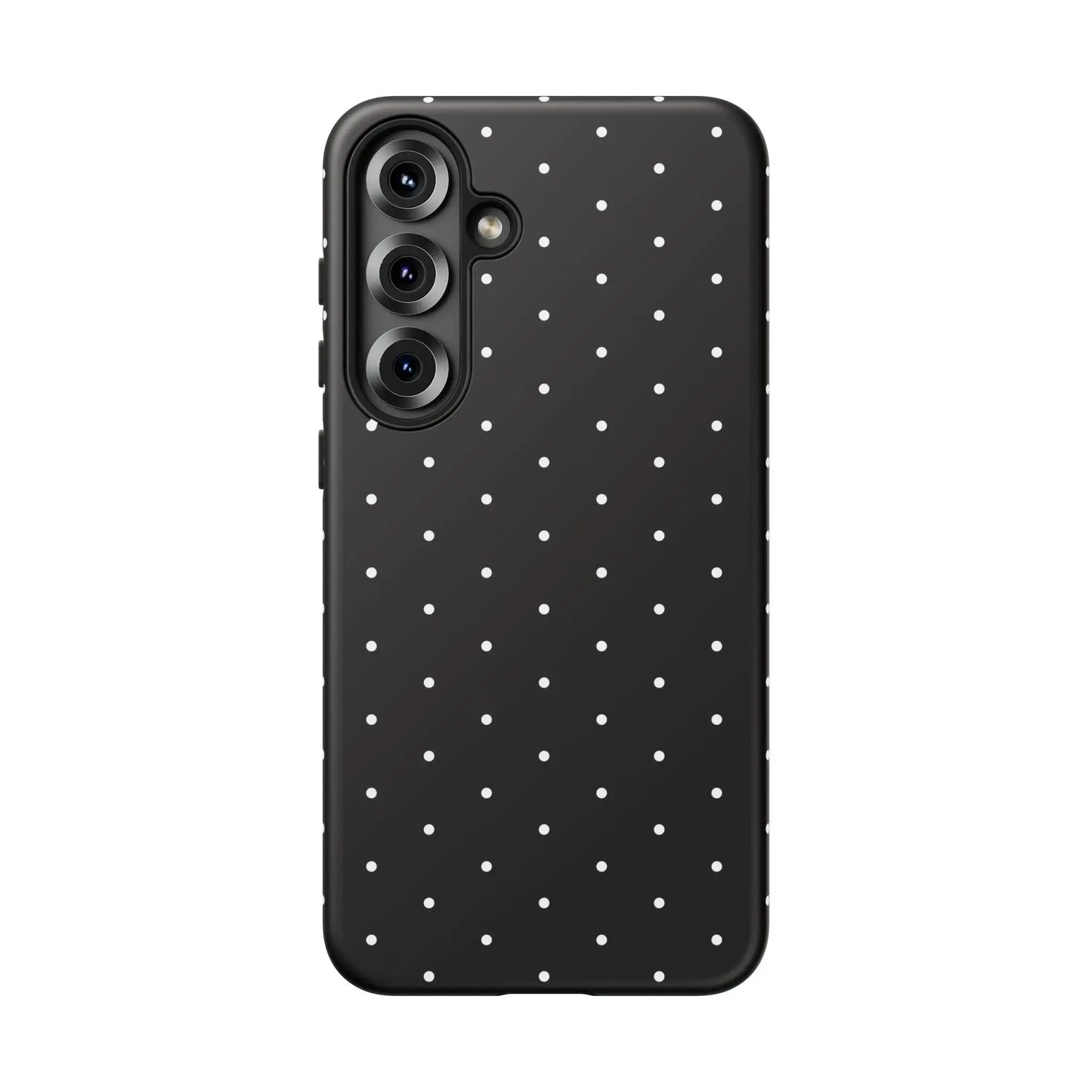 Black tough phone case with white polka dots showing back side elegant black protective minimalist design gift for her