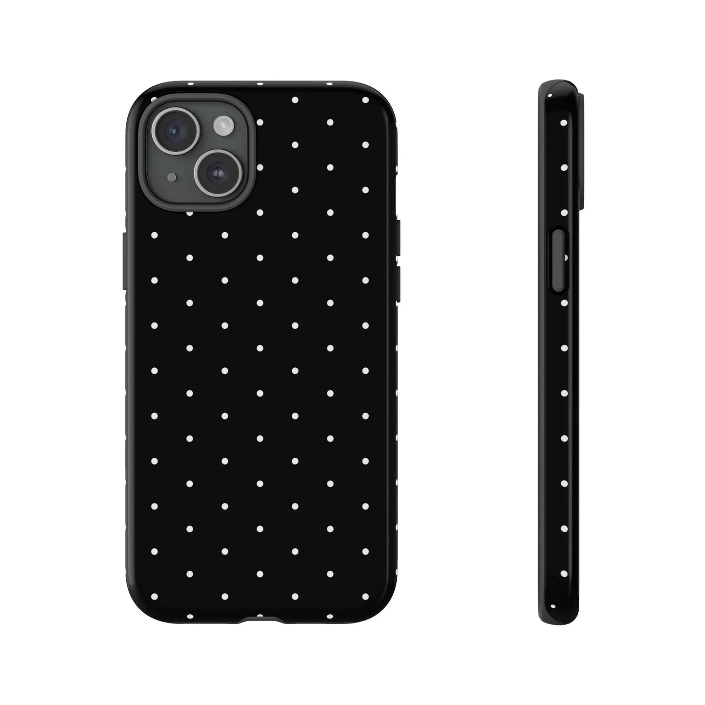 Back side of an elegant black tough phone case with white polka dots minimalist stylish protective cover