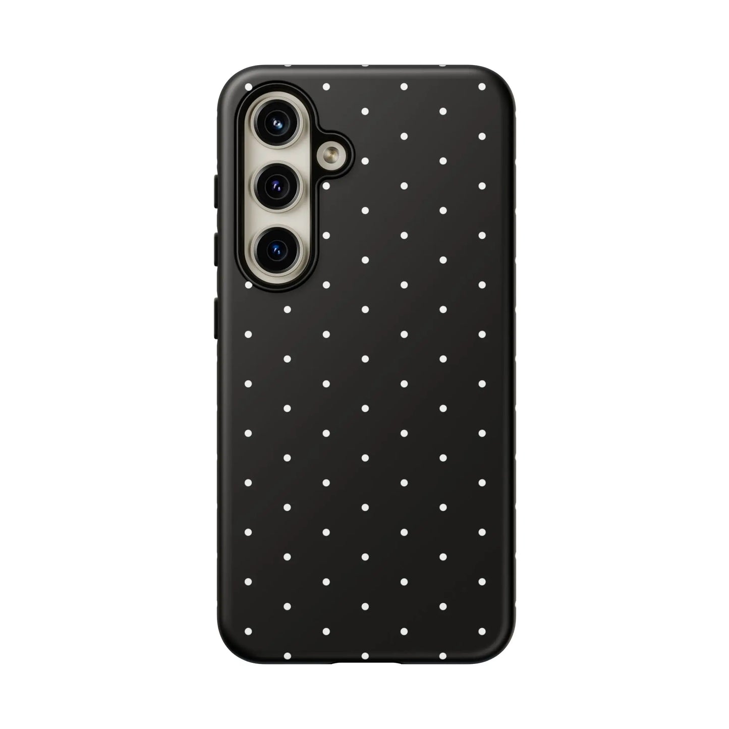 Elegant black tough phone case with white polka dots showing the back side and minimalist protective design