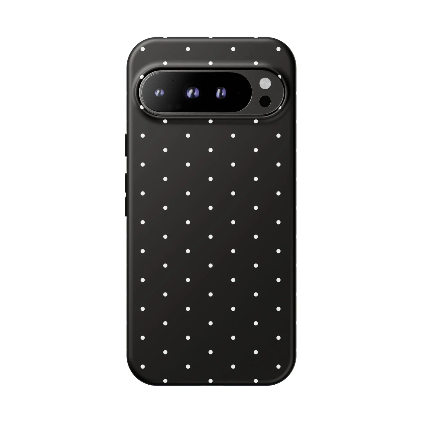 Back view of an elegant black tough phone case with white polka dots minimalist design for stylish protection