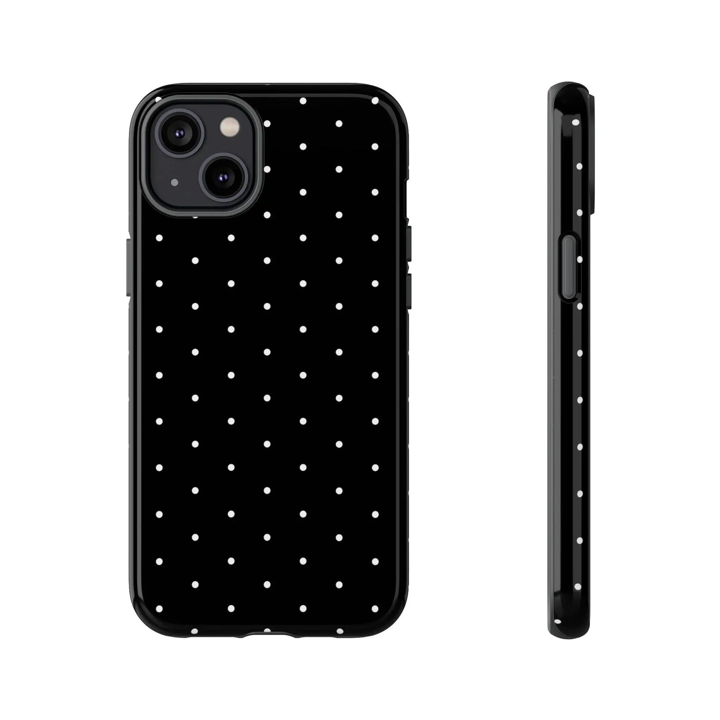 Elegant black tough phone case with white polka dots minimalist design shown from the back side