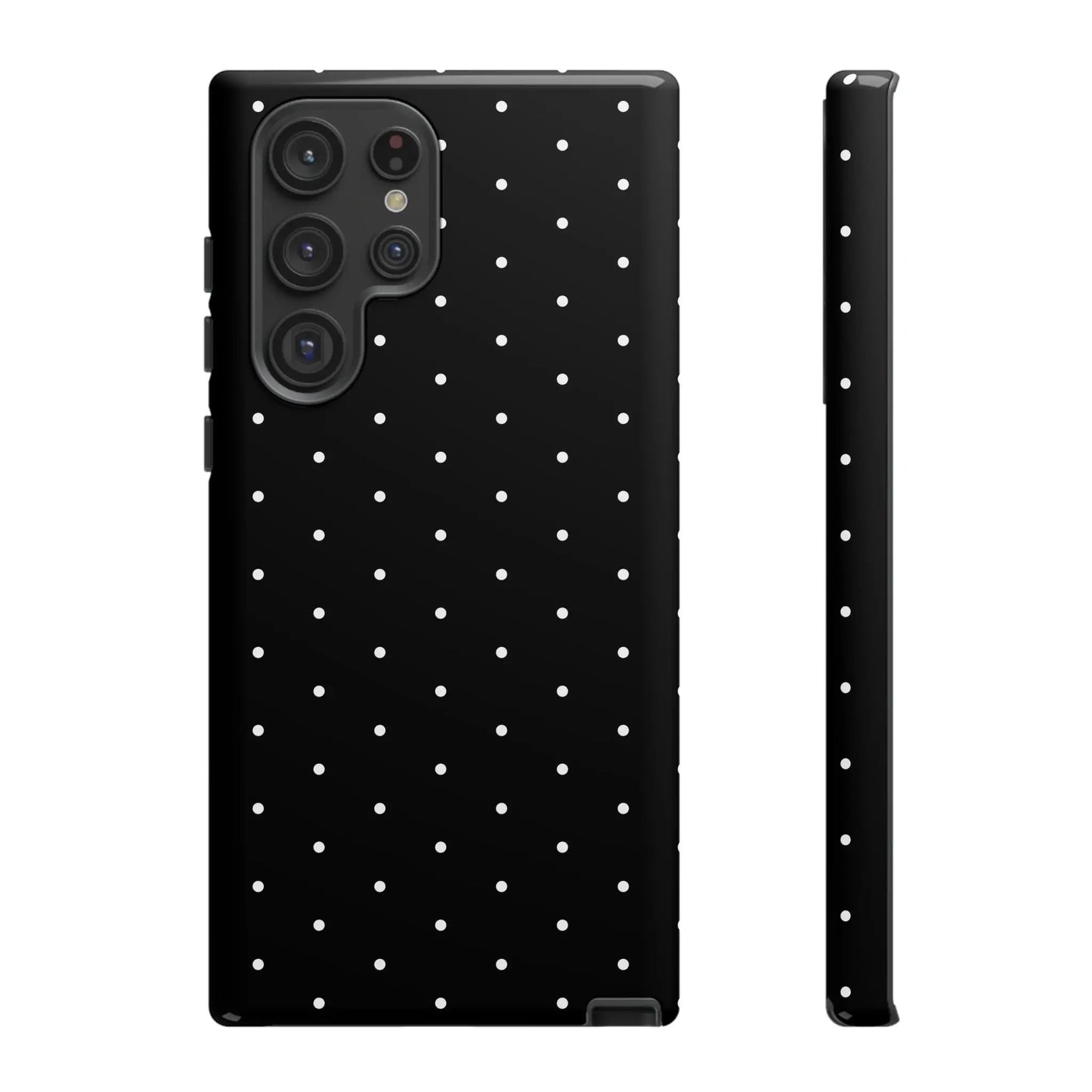 Back of an elegant black tough phone case with white polka dots featuring a minimalist stylish protective cover