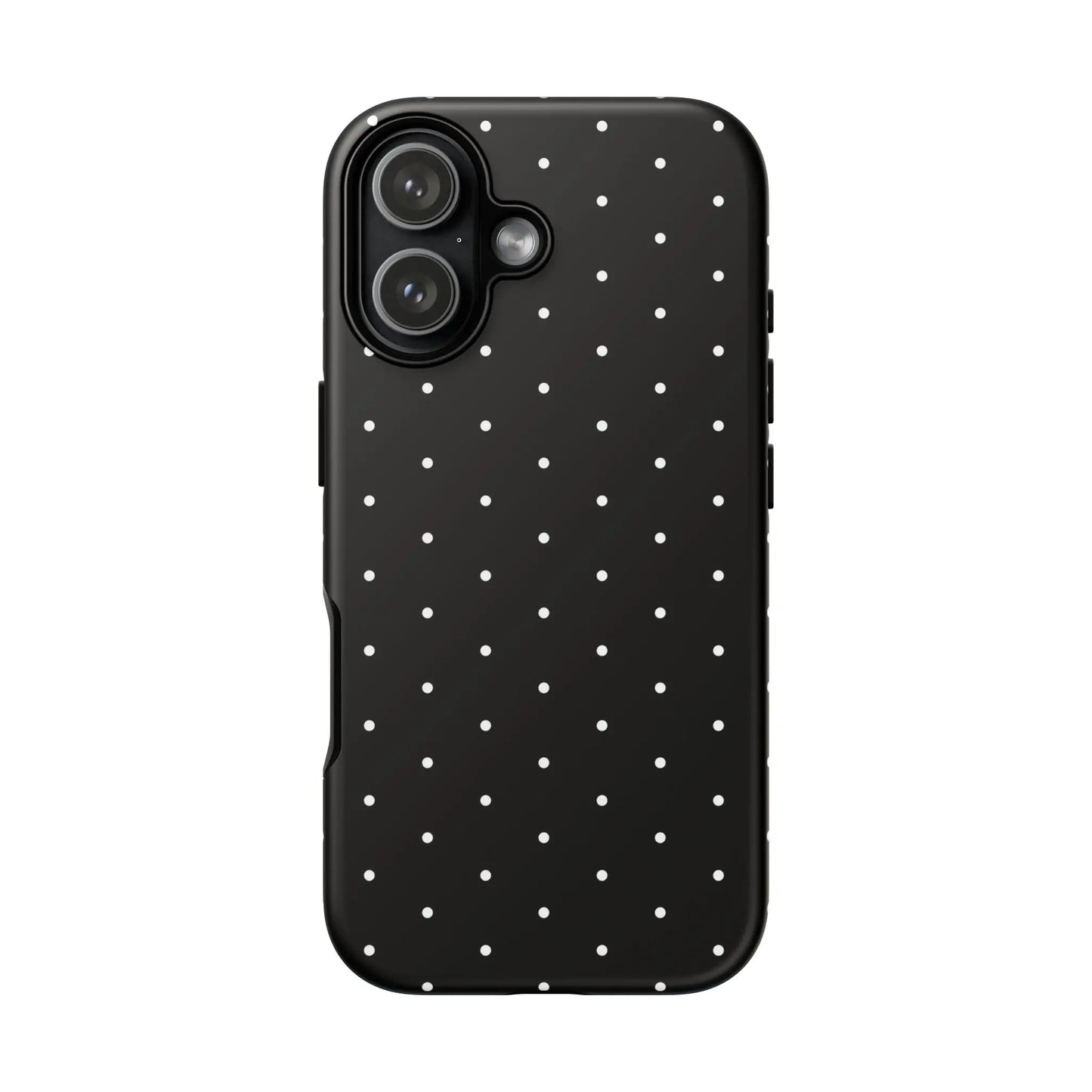 Back view of an elegant black tough phone case with white polka dots minimalist stylish protective cover