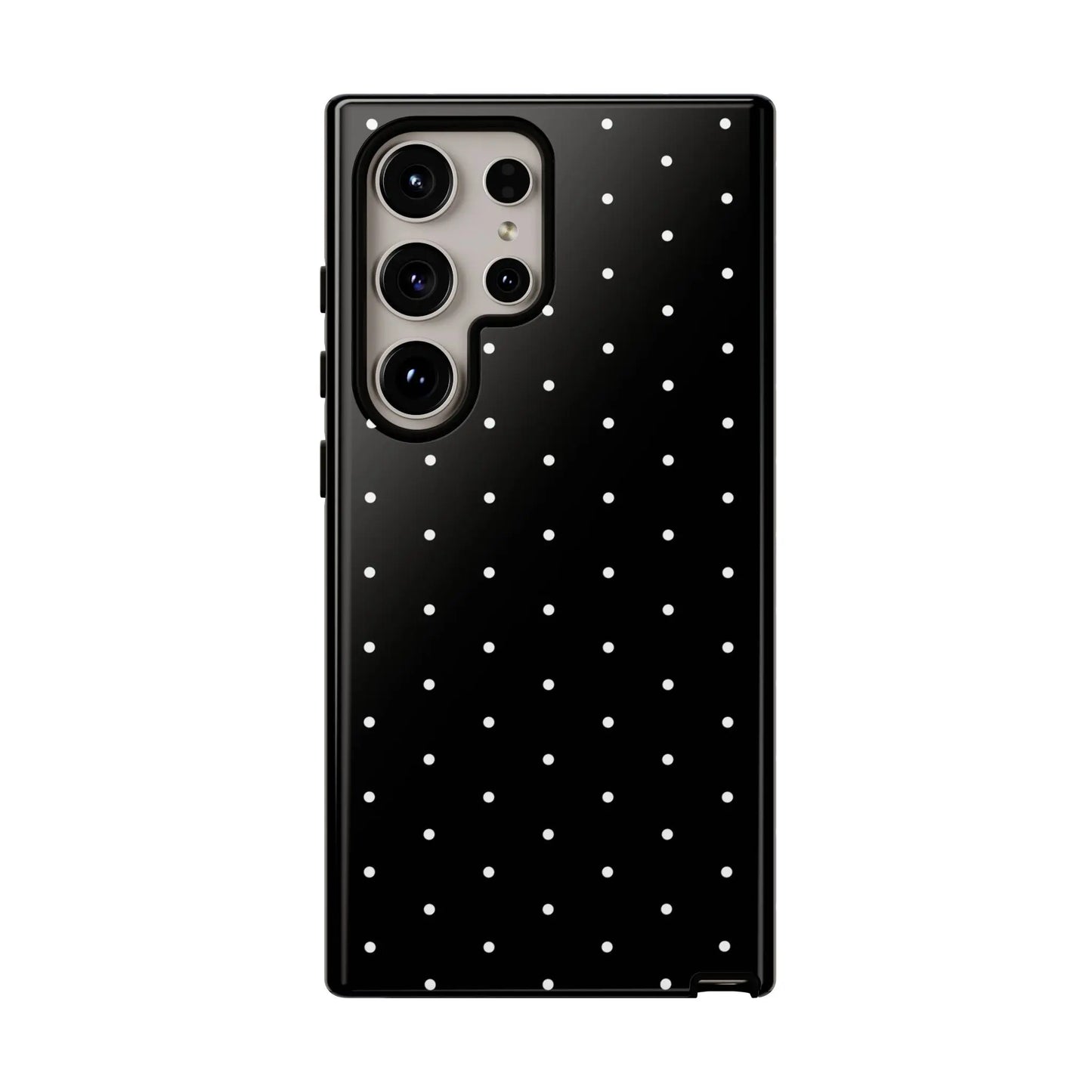 Back side of an elegant black tough phone case with white polka dots stylish protective minimalist cover
