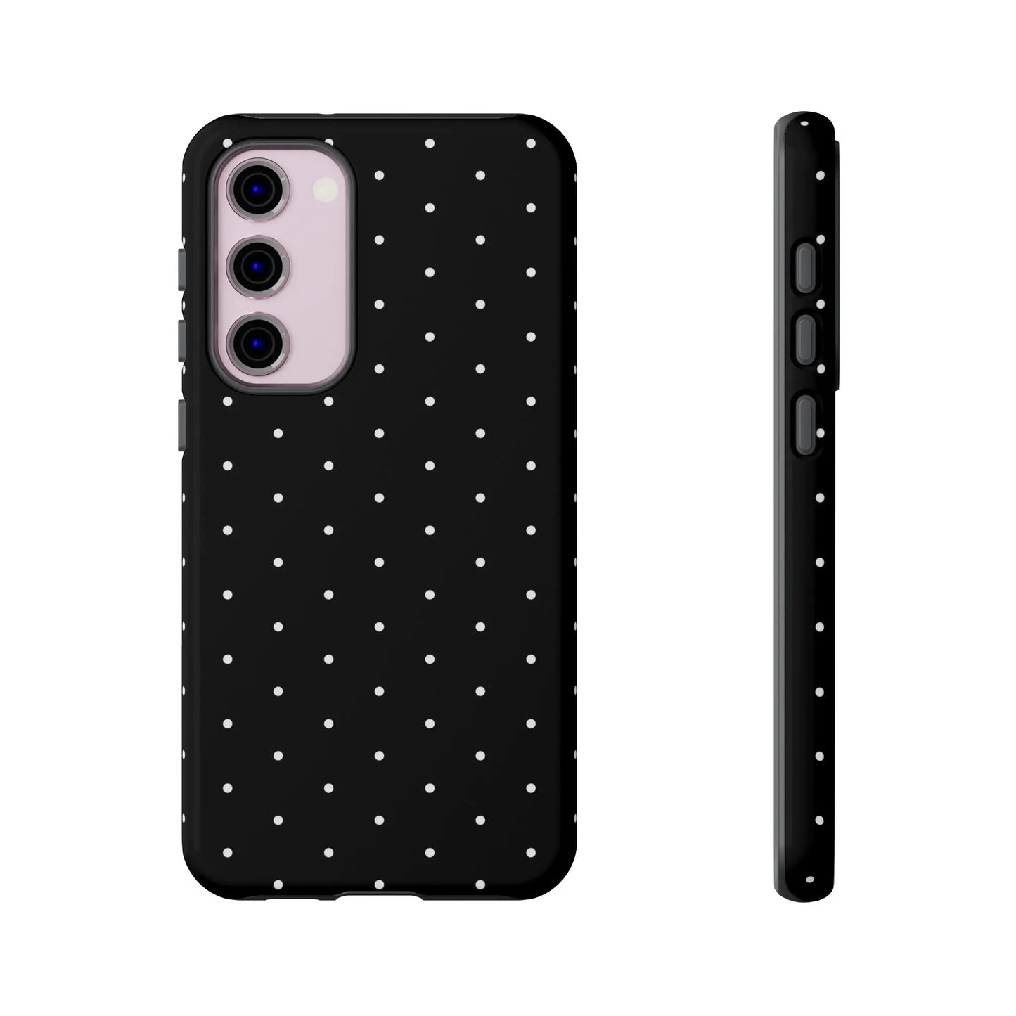 Black tough phone case with white polka dots showing back side of elegant black minimalist protective cover