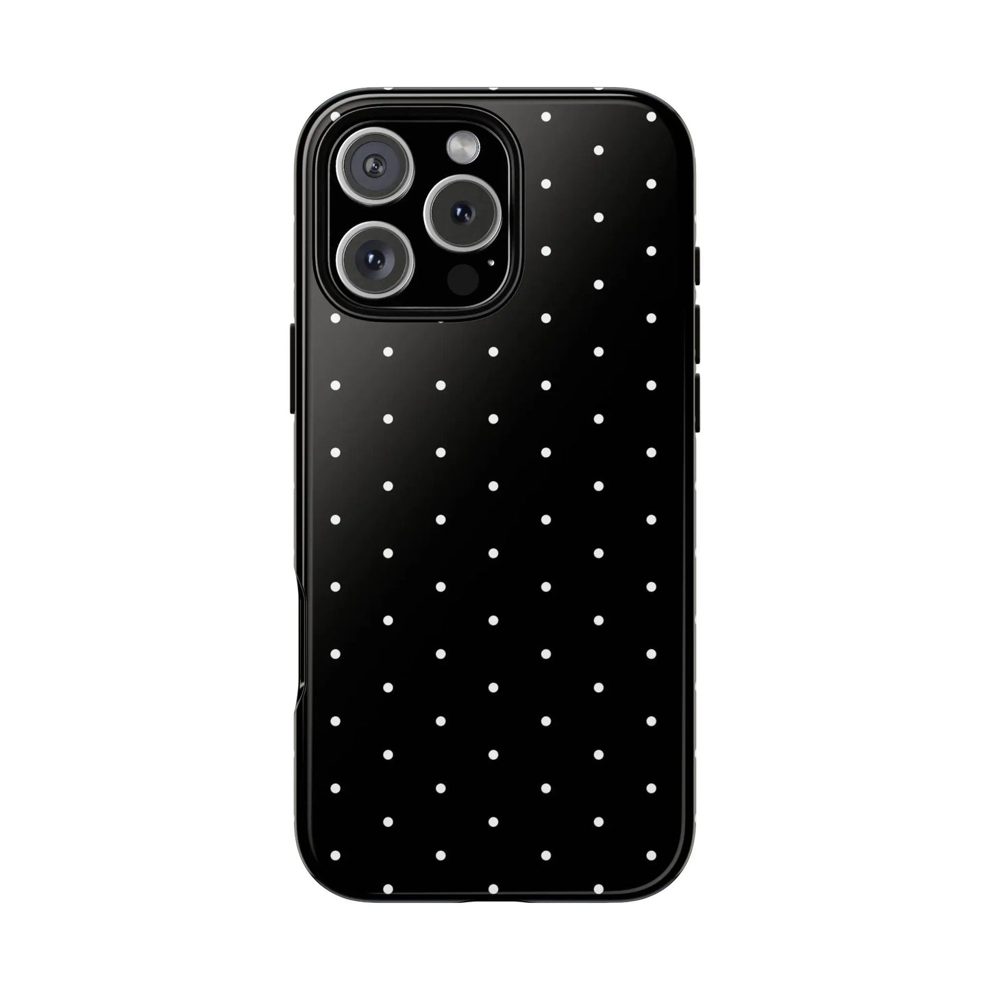 Back view of an elegant black tough phone case with white polka dots minimalist stylish protective cover