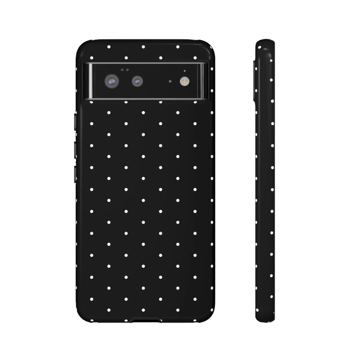 Black tough phone case with elegant black color and white polka dots shown from the back side