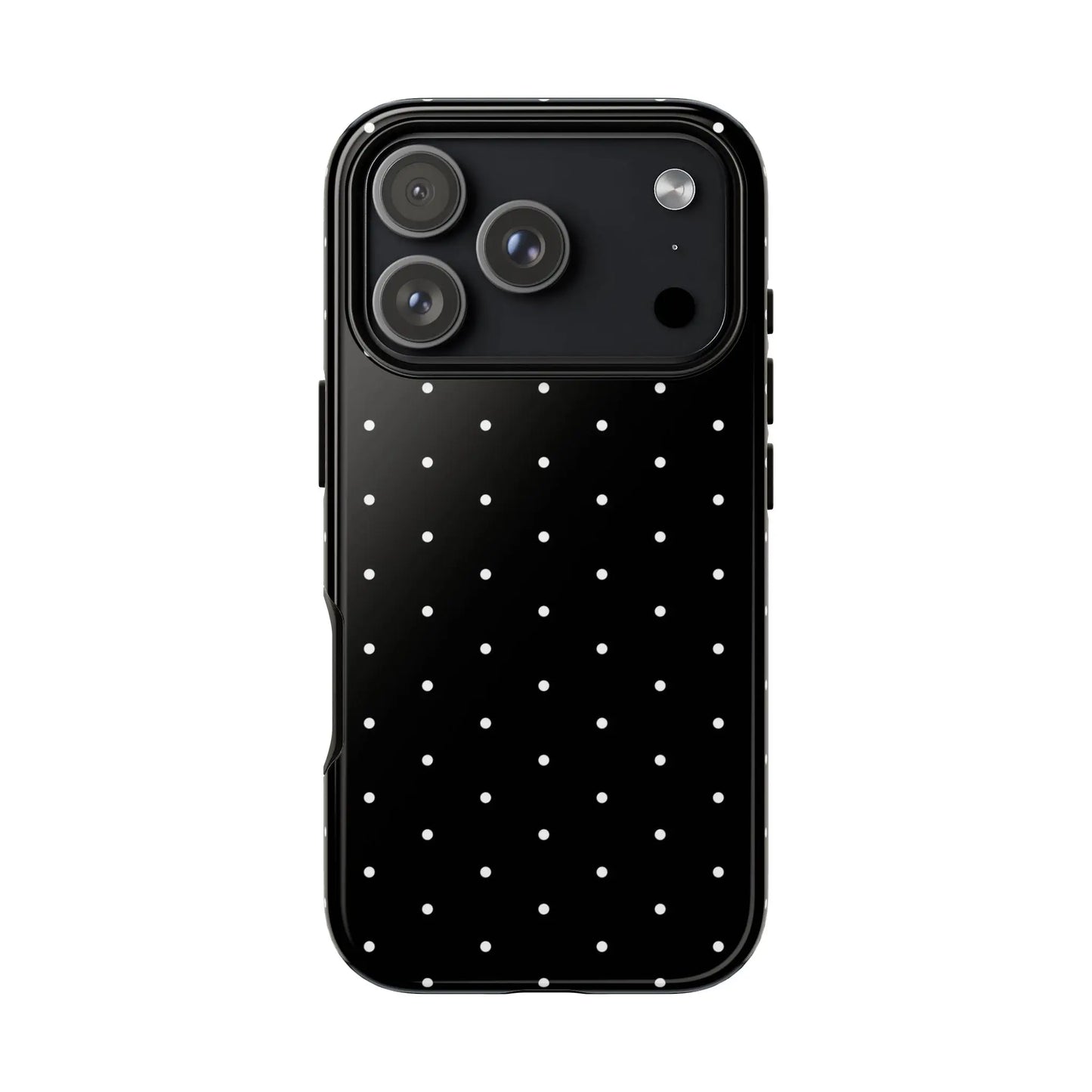 Elegant black tough phone case with white polka dots showing the back side minimalist protective cover