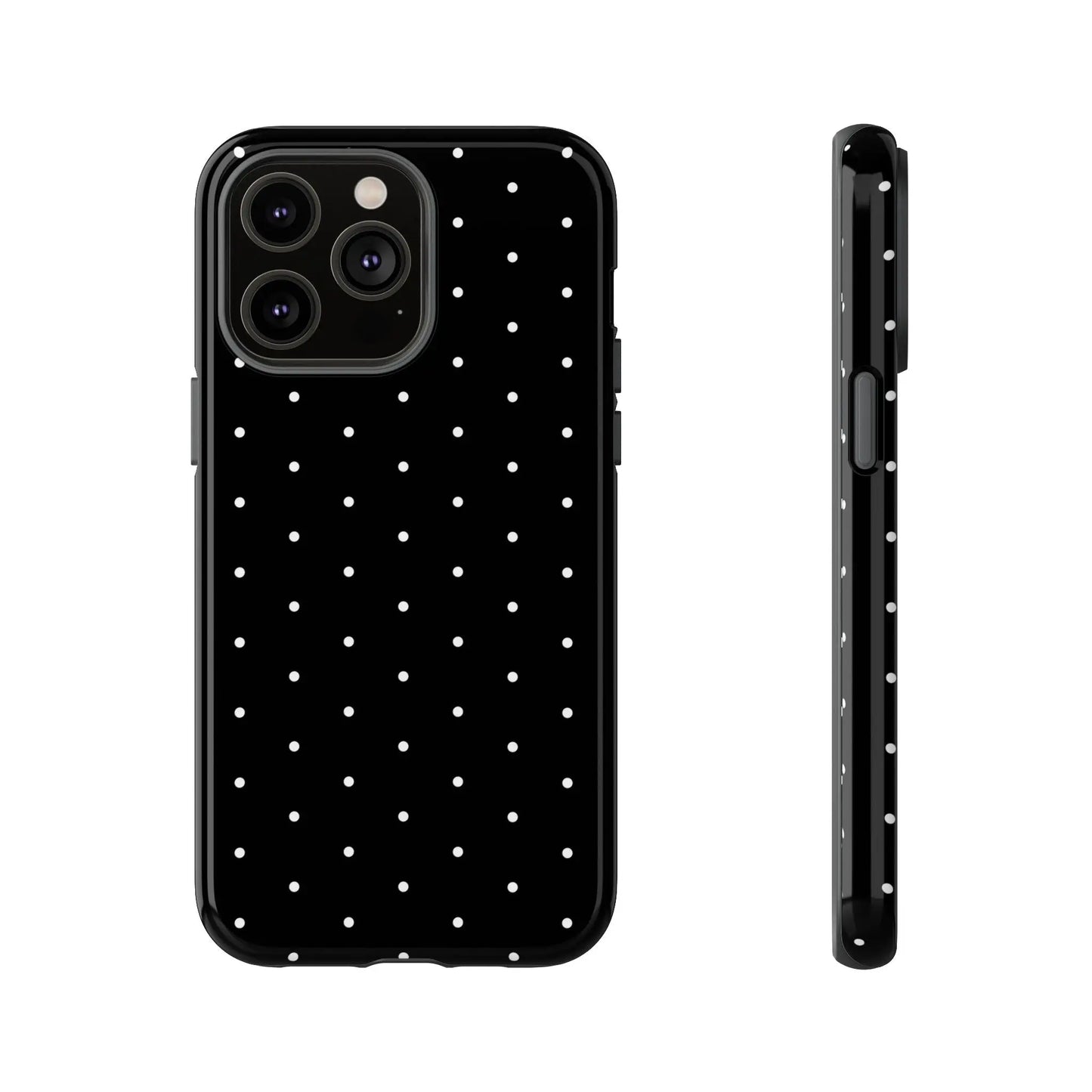 Back side of an elegant black tough phone case with white polka dots featuring a minimalist protective design