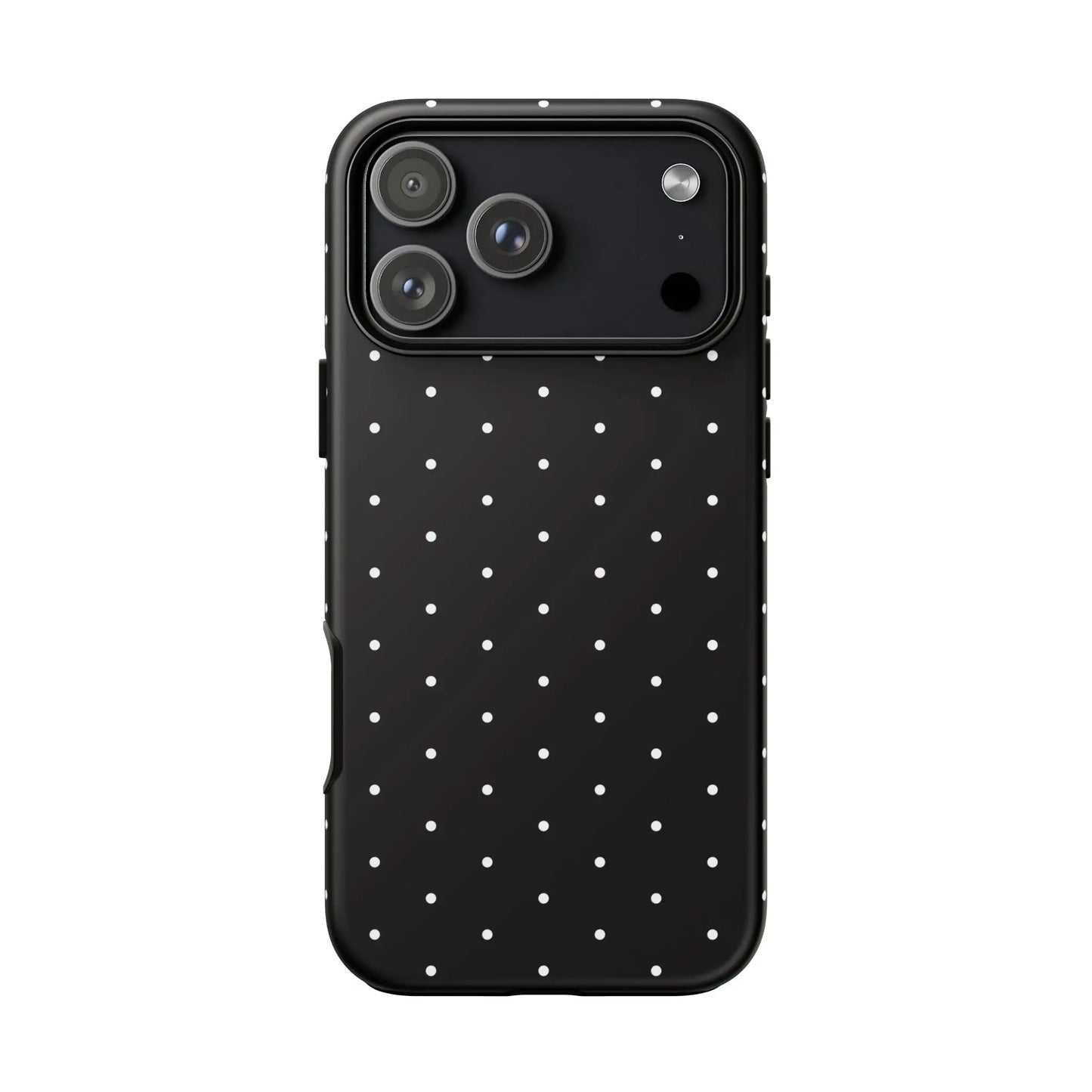Elegant black tough phone case with white polka dots shown from the back minimalist protective cover