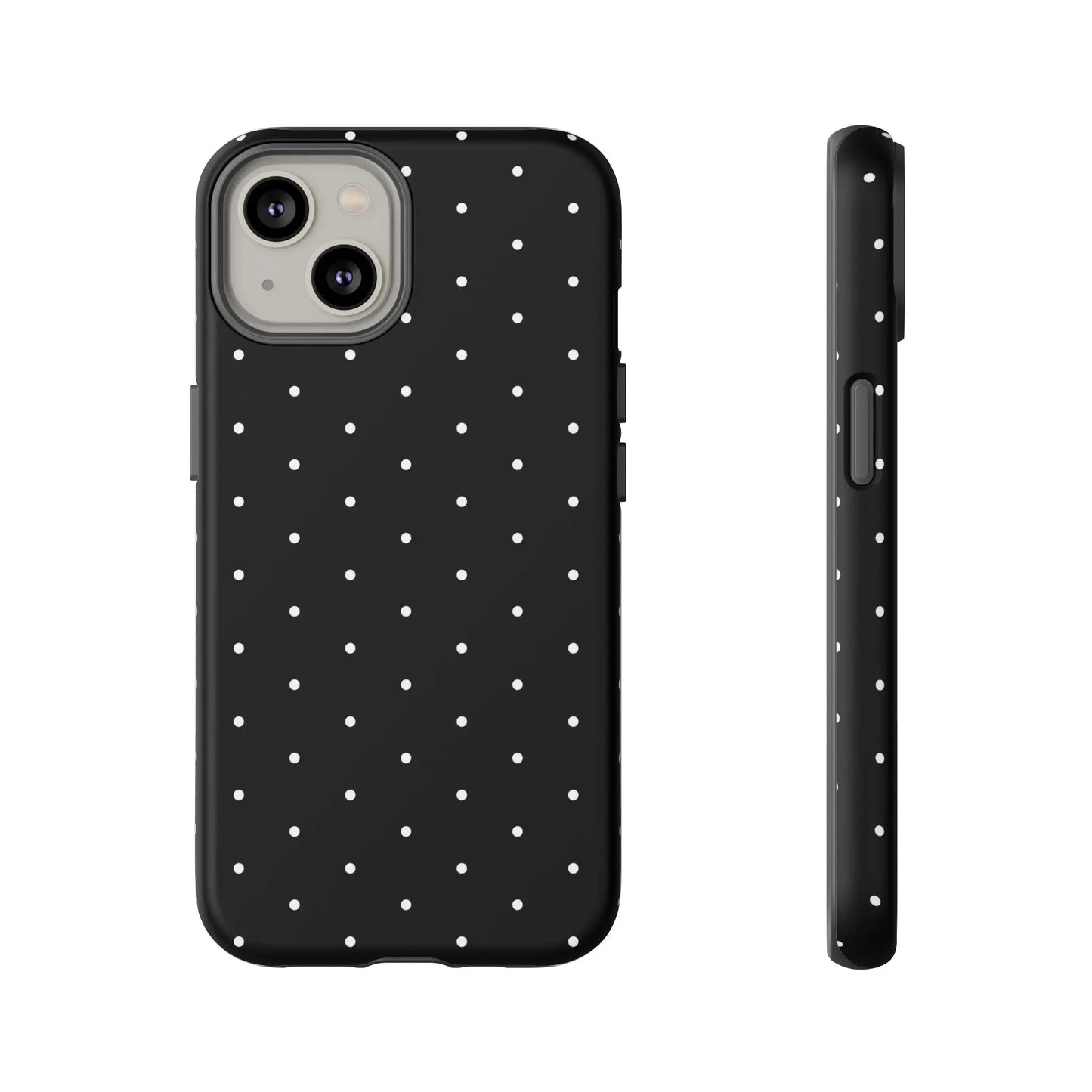 Back side of elegant black tough phone case with white polka dots stylish protective minimalist cover for her gift