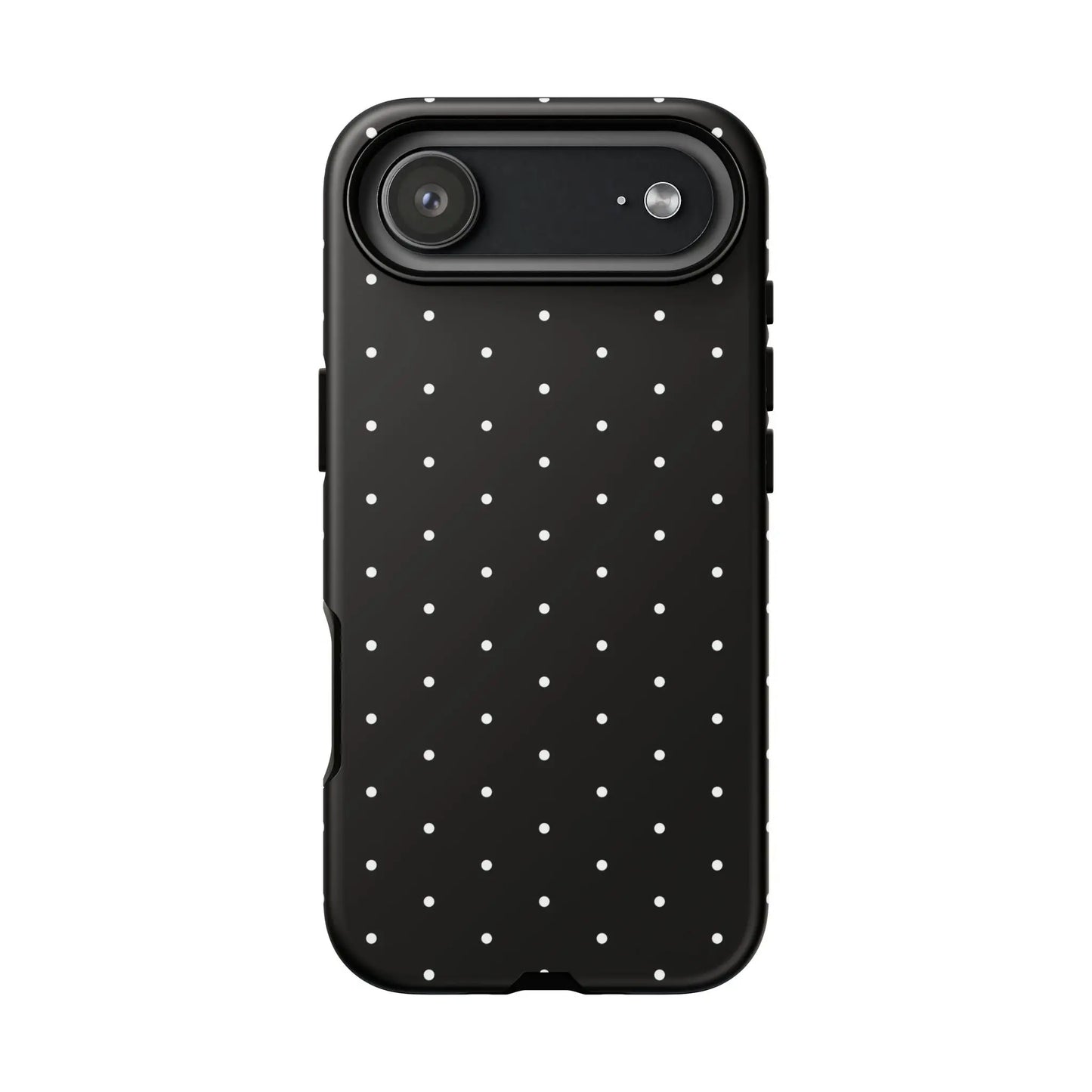 Back view of an elegant black tough phone case with white polka dots stylish protective cover for gifts