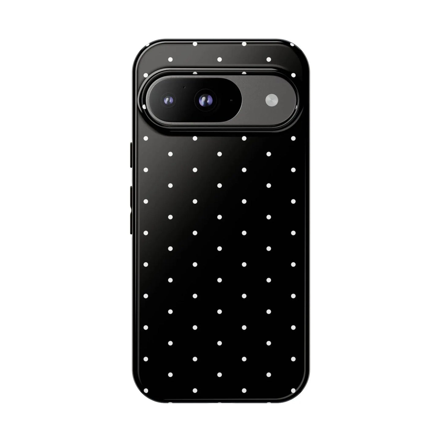 Back side of an elegant black tough phone case with white polka dots and a glossy finish for stylish protection