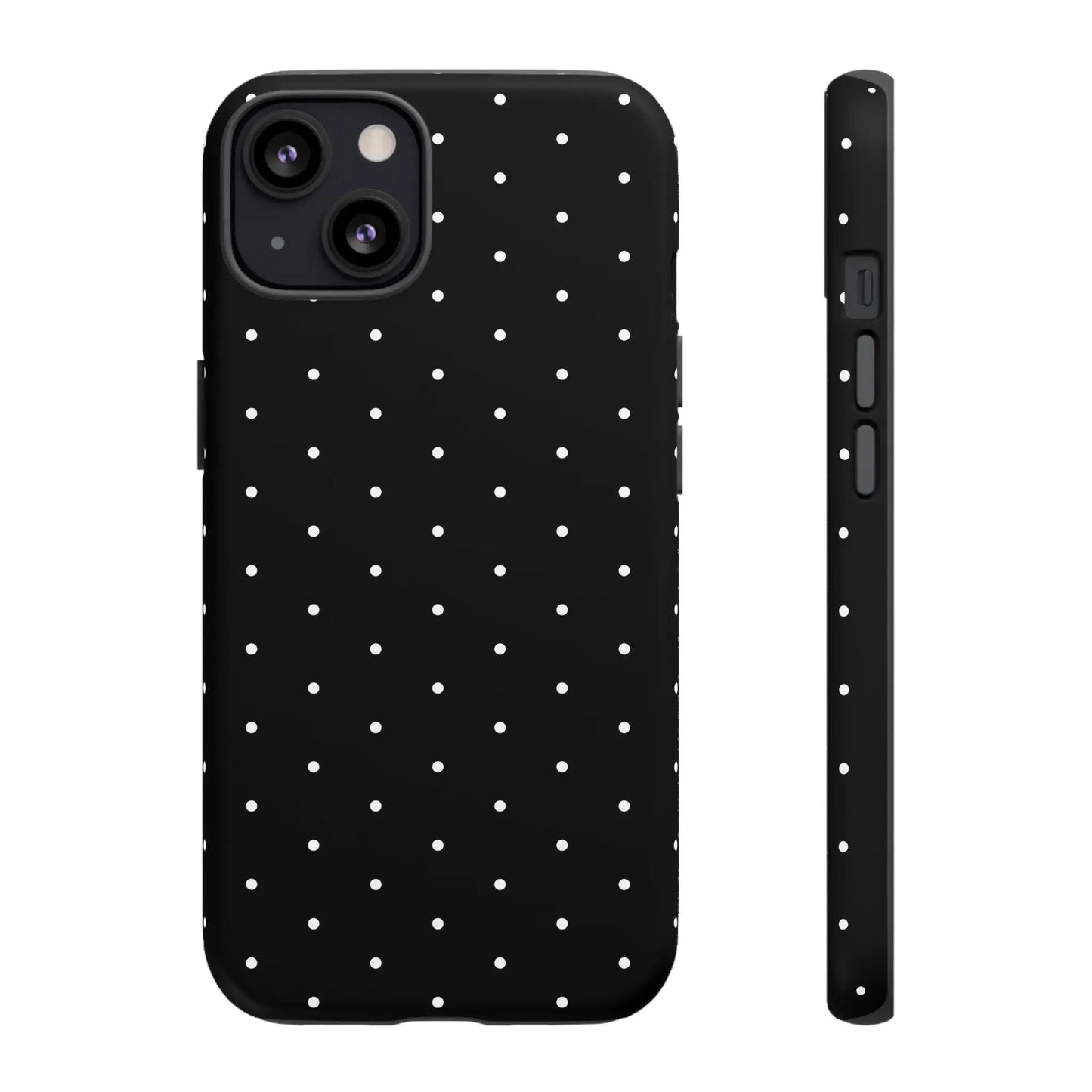 Back view of an elegant black tough phone case with white polka dots stylish protective minimalist design