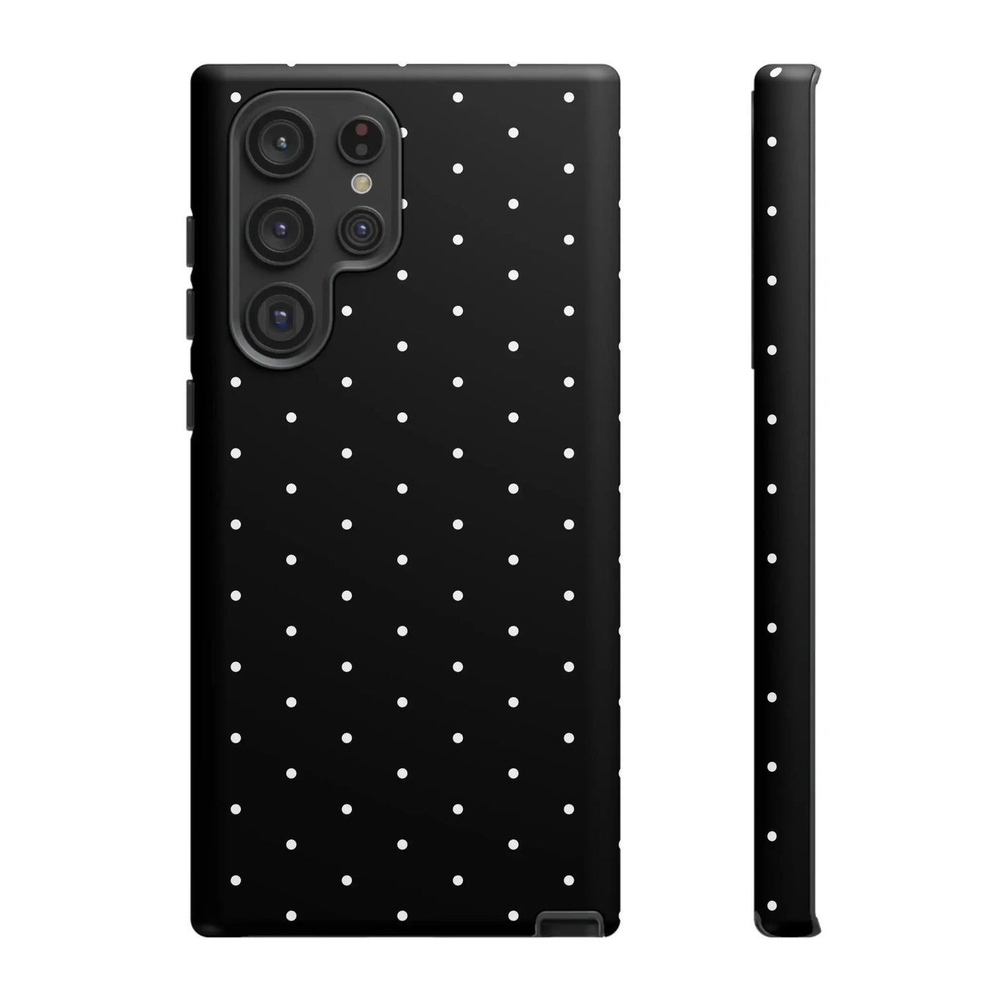 Back view of an elegant black tough phone case with white polka dots stylish minimalist protective cover