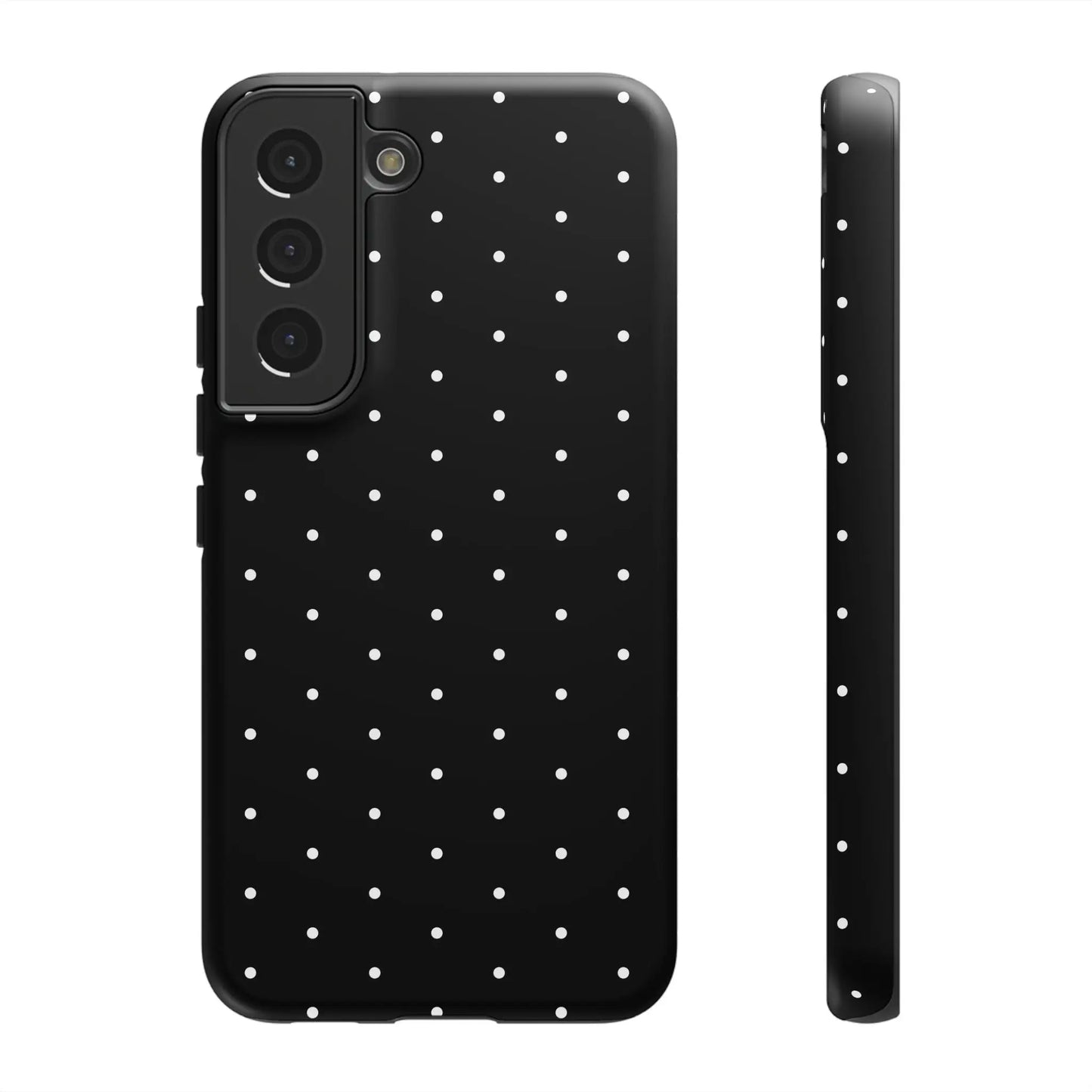 Back side of an elegant black tough phone case with white polka dots stylish protective minimalist cover