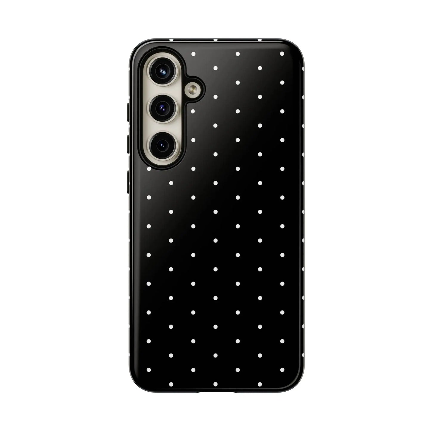 Back view of an elegant black tough phone case with white polka dots featuring a minimalist stylish design
