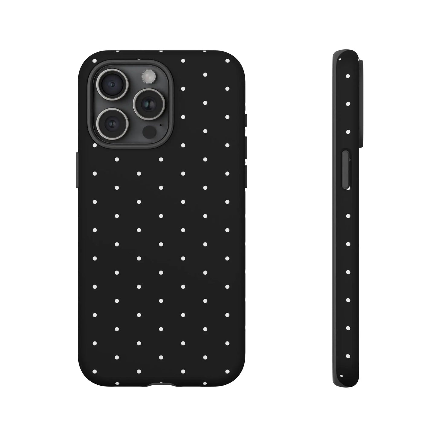 Back view of an elegant black tough phone case with white polka dots stylish protective minimalist design