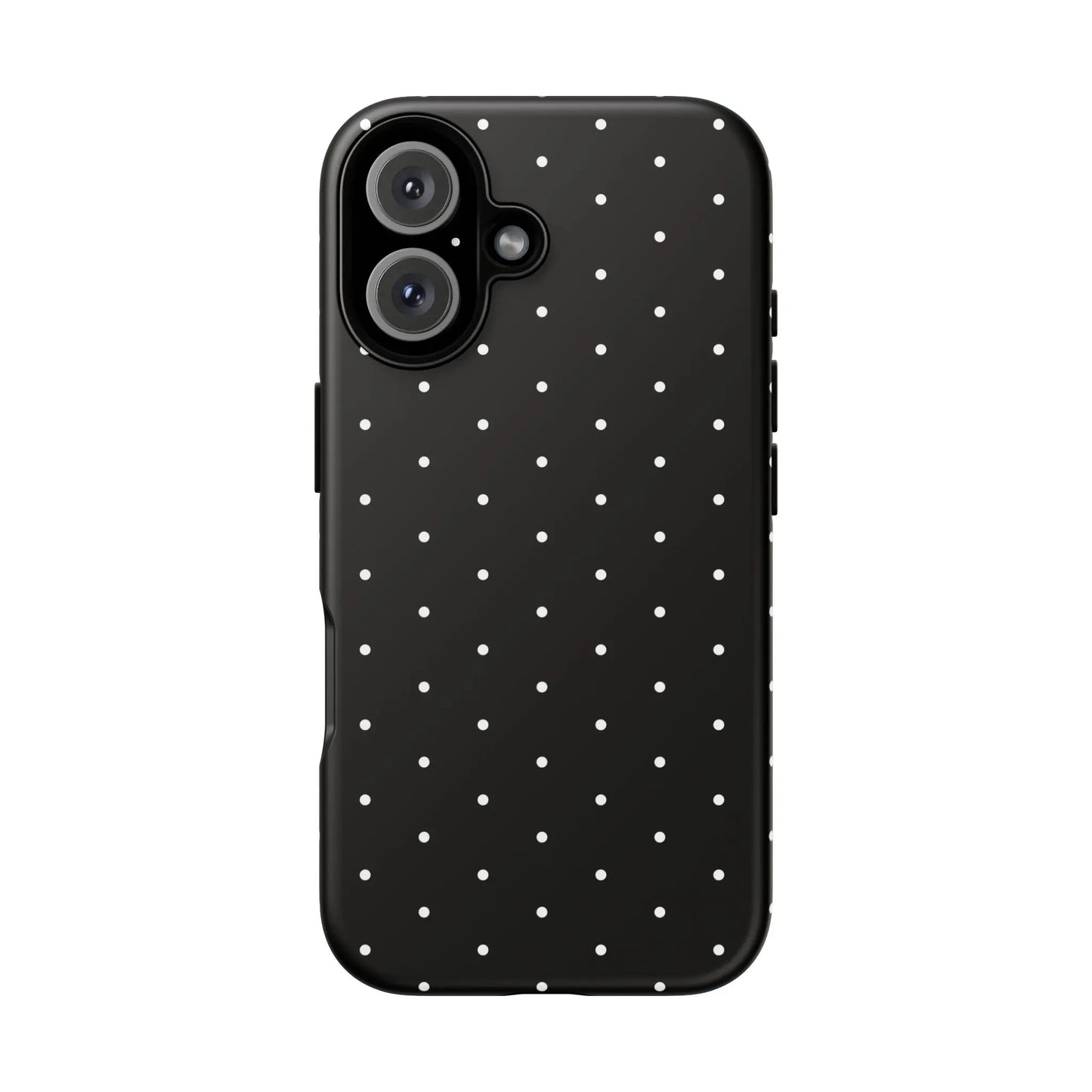 Elegant black tough phone case with white polka dots showing the back side of the stylish protective cover