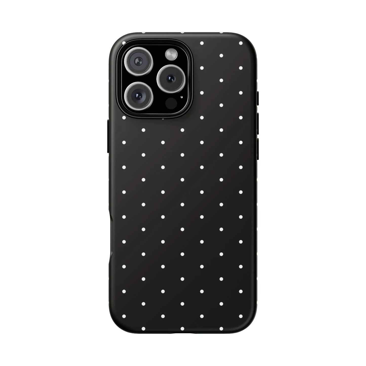 Back of an elegant black tough phone case with white polka dots stylish protective minimalist cover gift for her