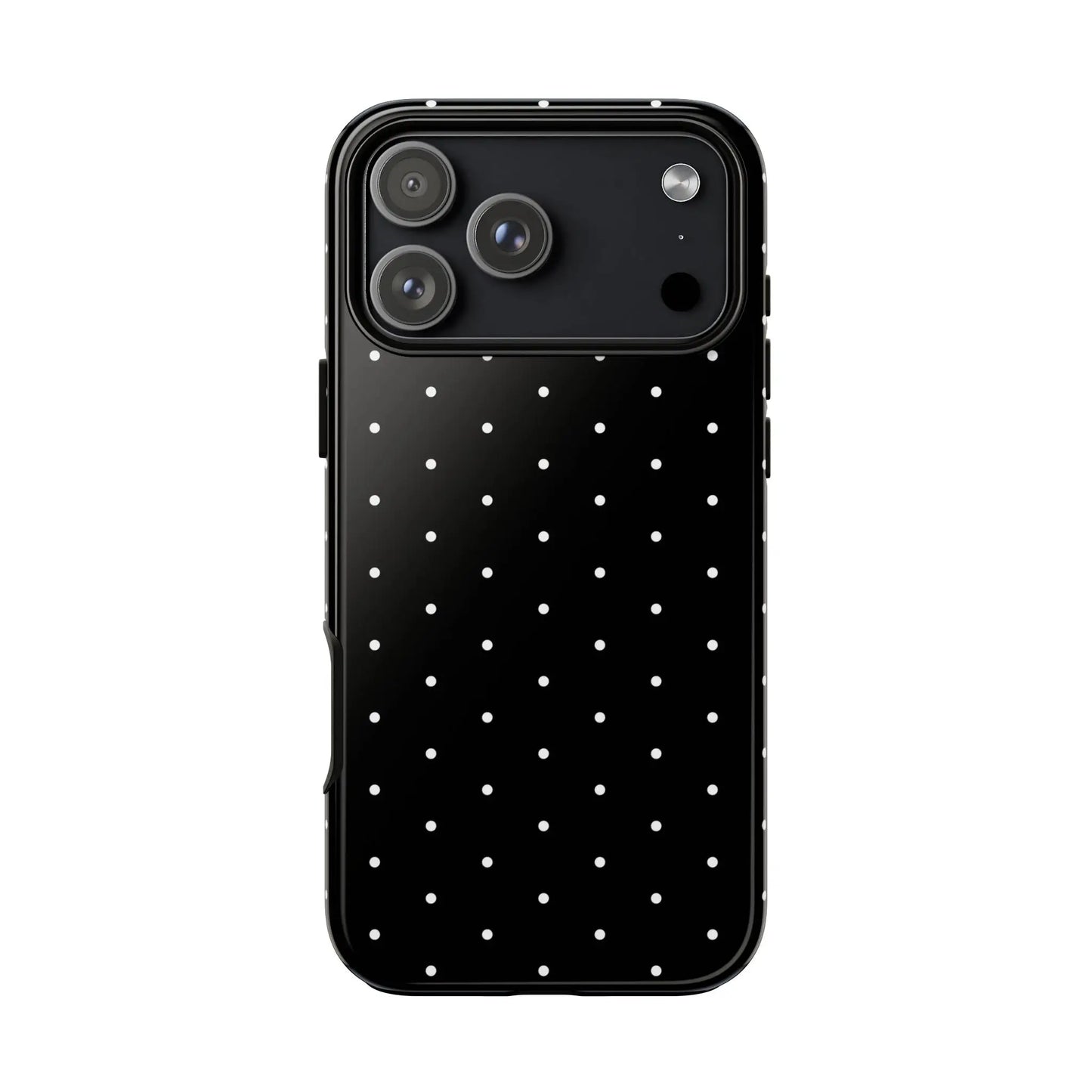 Black tough phone case with white polka dots showing back side of elegant black minimalist protective cover