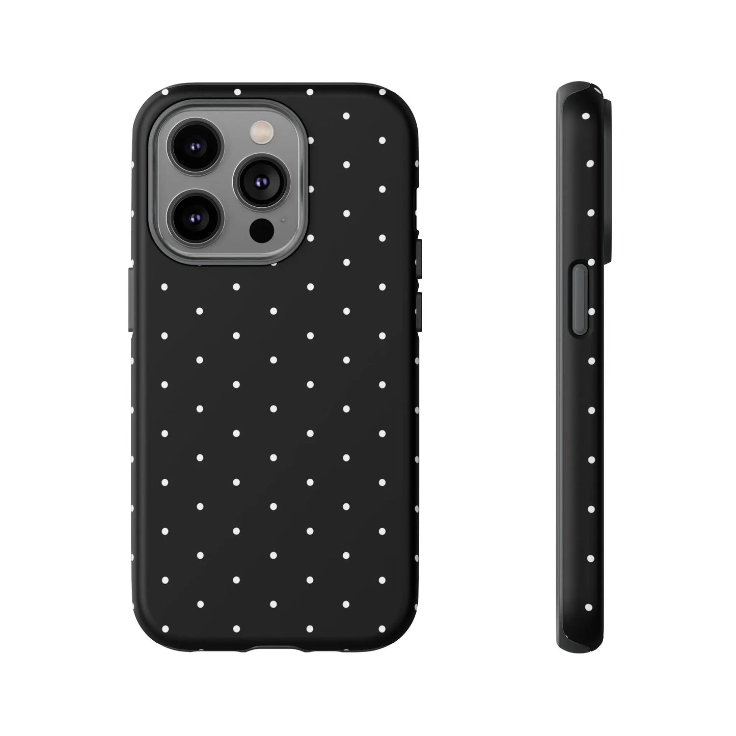 Elegant black tough phone case with white polka dots shown from the back, stylish protective minimalist cover