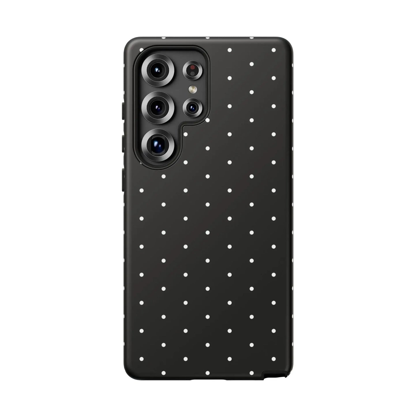 Back side of an elegant black tough phone case with white polka dots and sleek matte finish for stylish protection