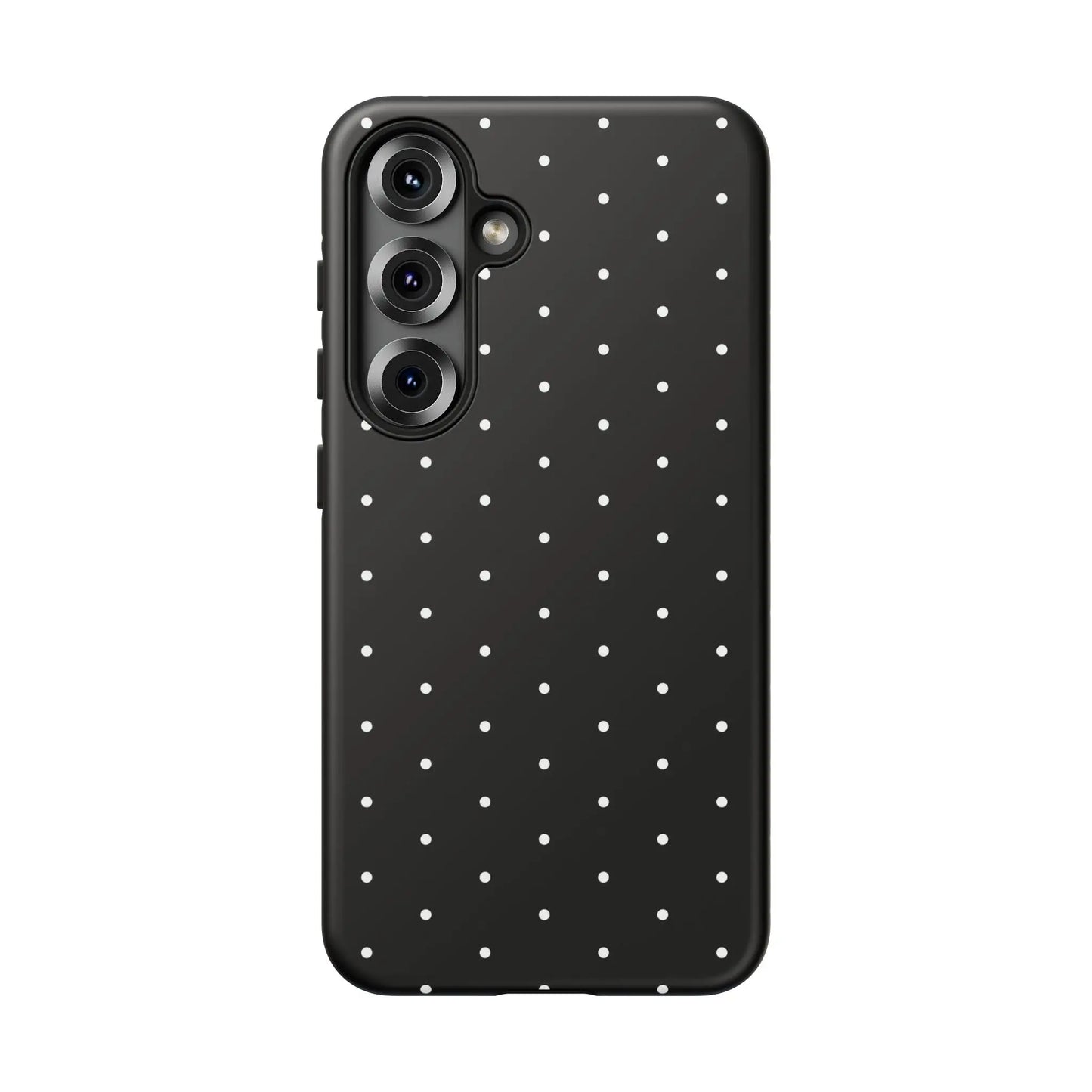Back of an elegant black tough phone case with white polka dots and a triple-camera cutout for stylish protection