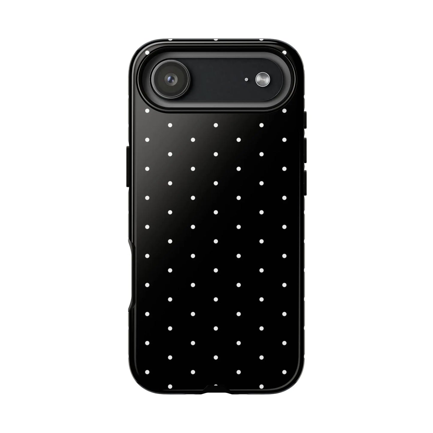 Black tough phone case with elegant black design and white polka dots shown from the back side