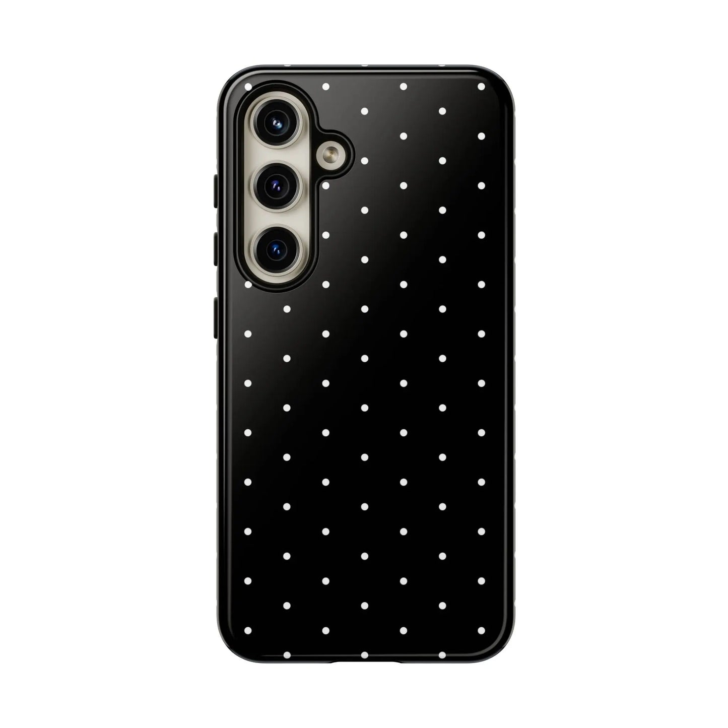 Back view of an elegant black tough phone case with white polka dots stylish protective minimalist design