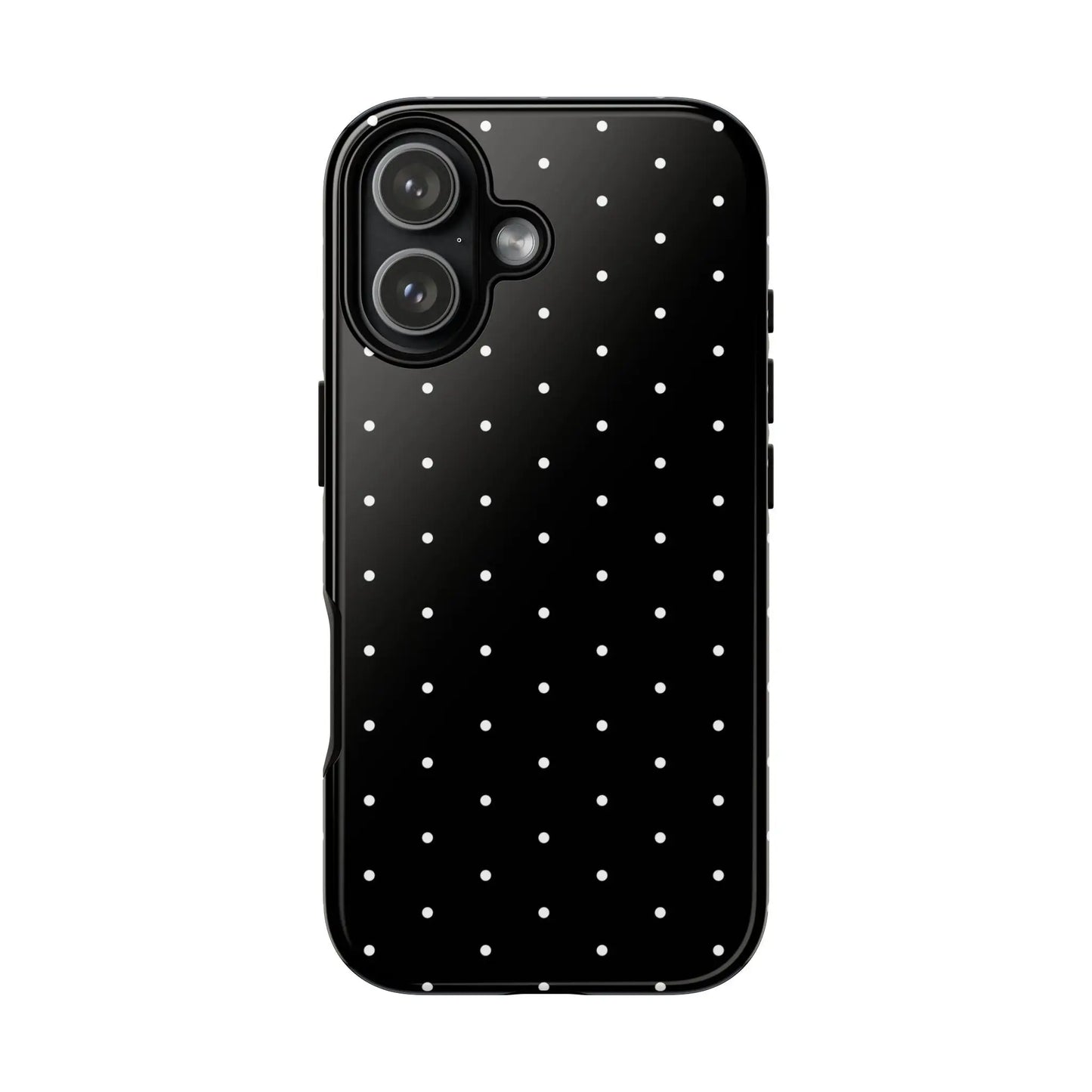 Back view of an elegant black tough phone case with white polka dots minimalist protective cover gift idea