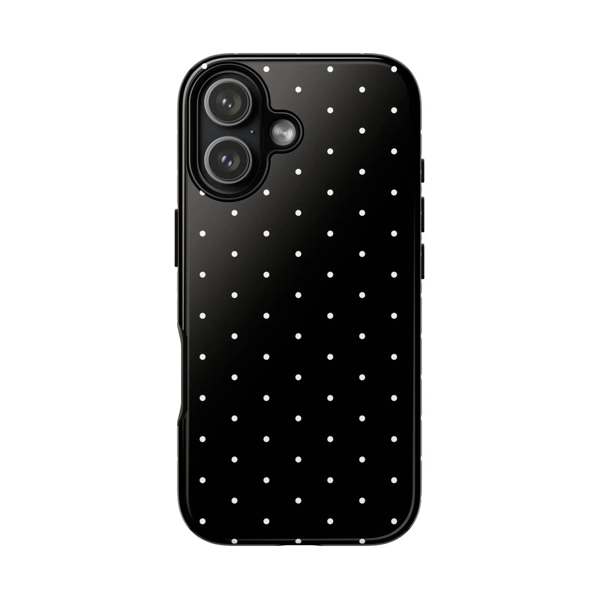 Back view of an elegant black tough phone case with white polka dots minimalist protective cover gift idea