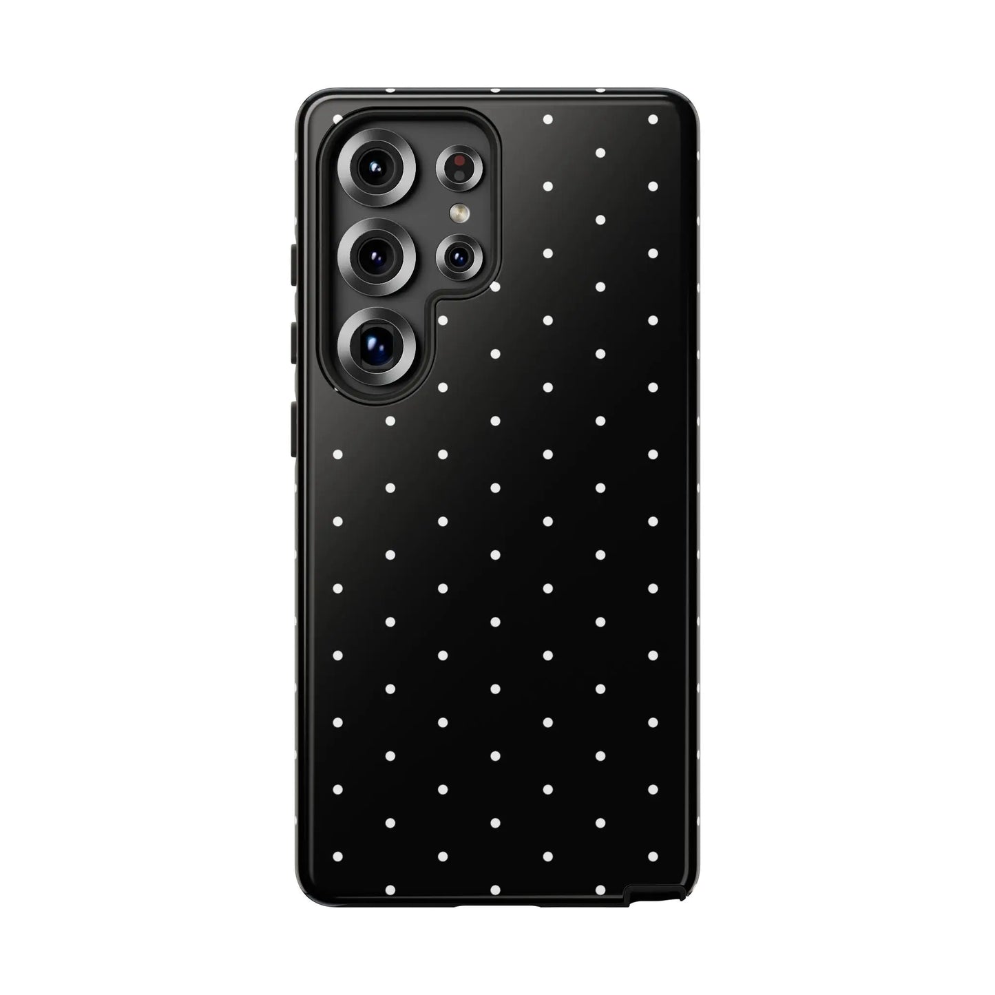 Back view of an elegant black tough phone case with white polka dots stylish protective minimalist design