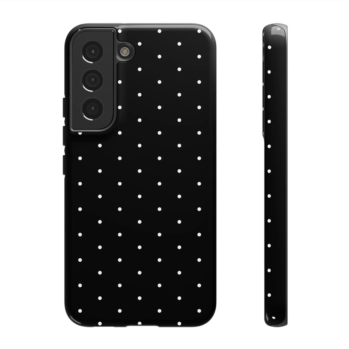 Back side of an elegant black tough phone case with white polka dots stylish protective minimalist cover