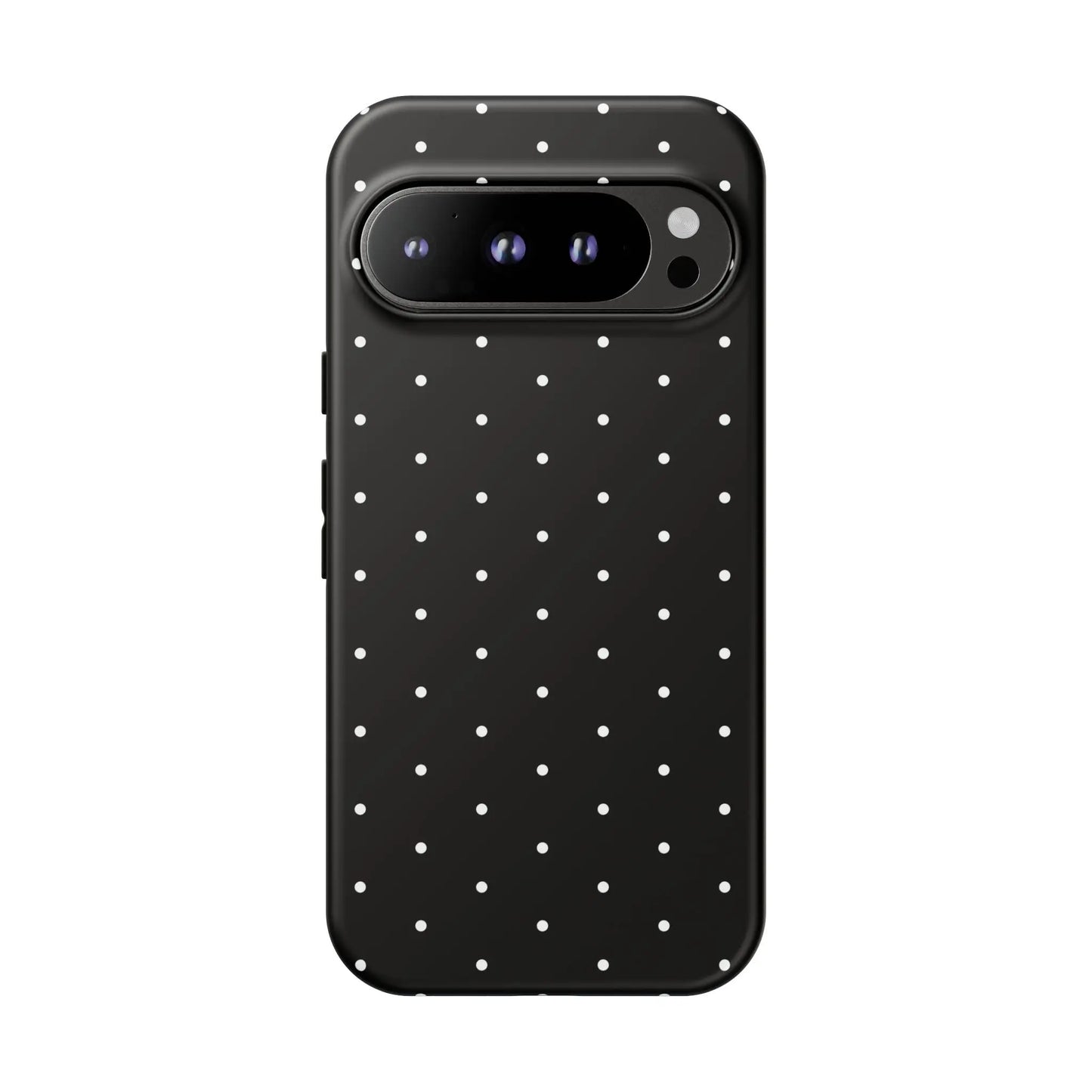 Back side of an elegant black tough phone case with white polka dots minimalist stylish protective cover