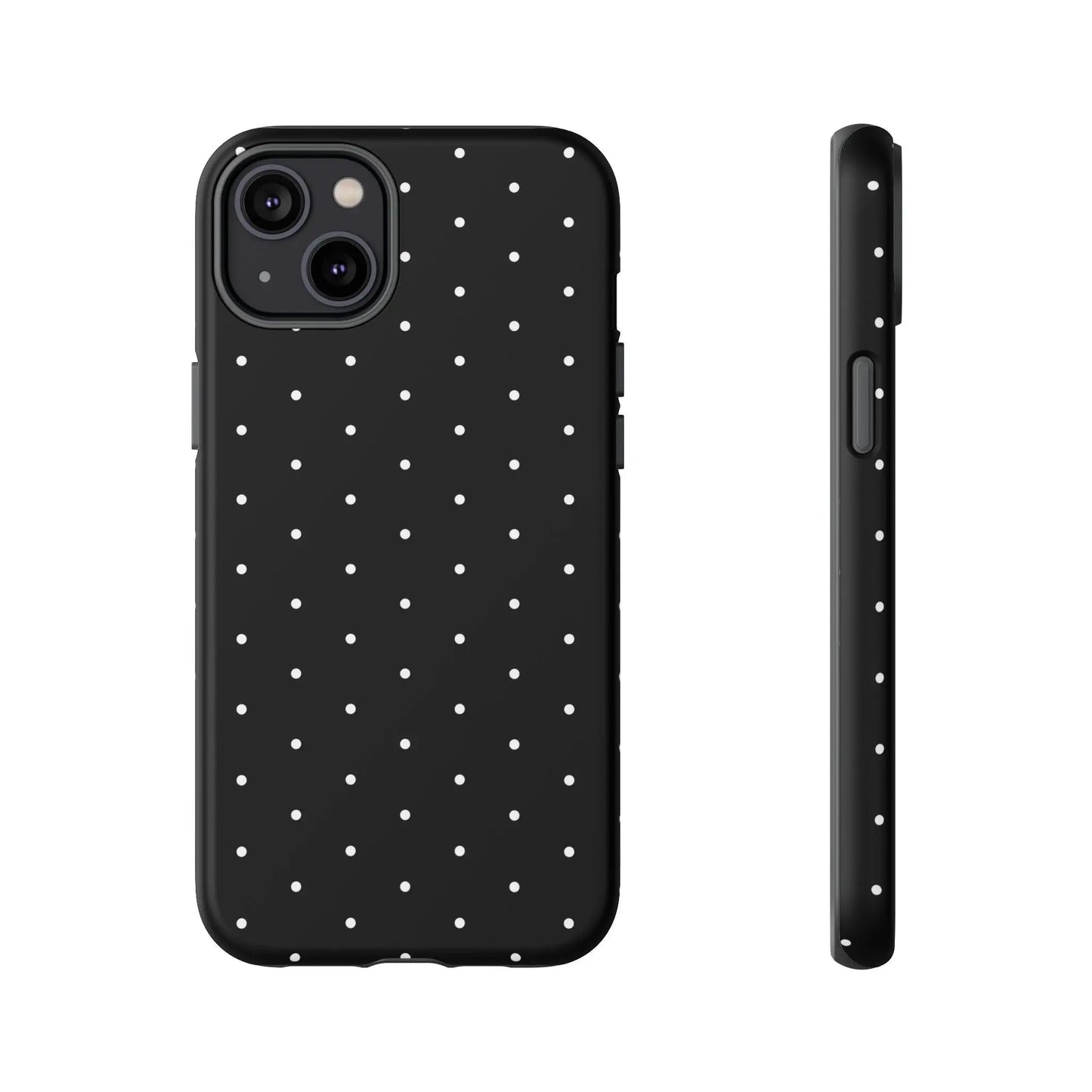 Black tough phone case with elegant black finish and white polka dots shown from the back side