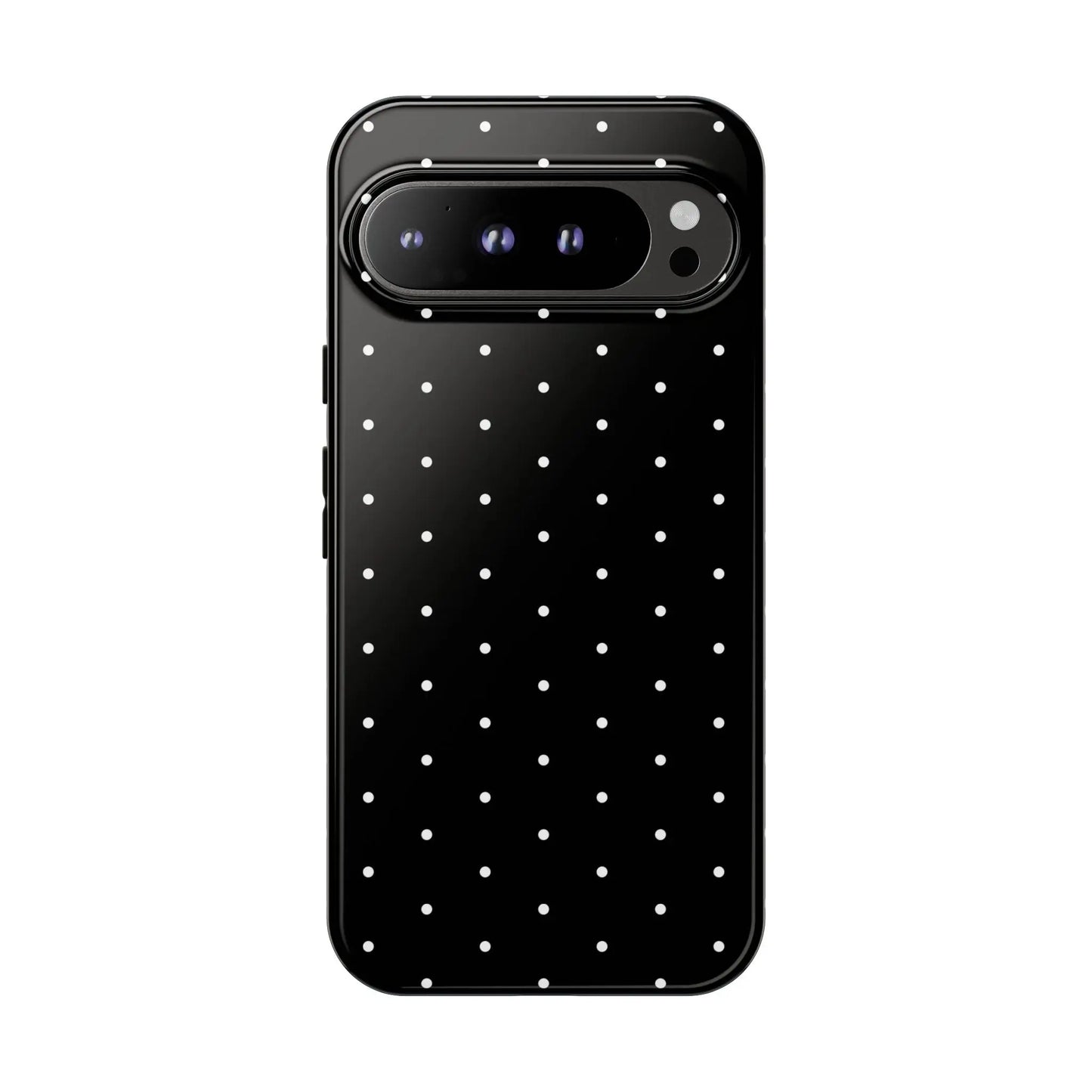 Back view of an elegant black tough phone case with white polka dots and a glossy finish for stylish protection