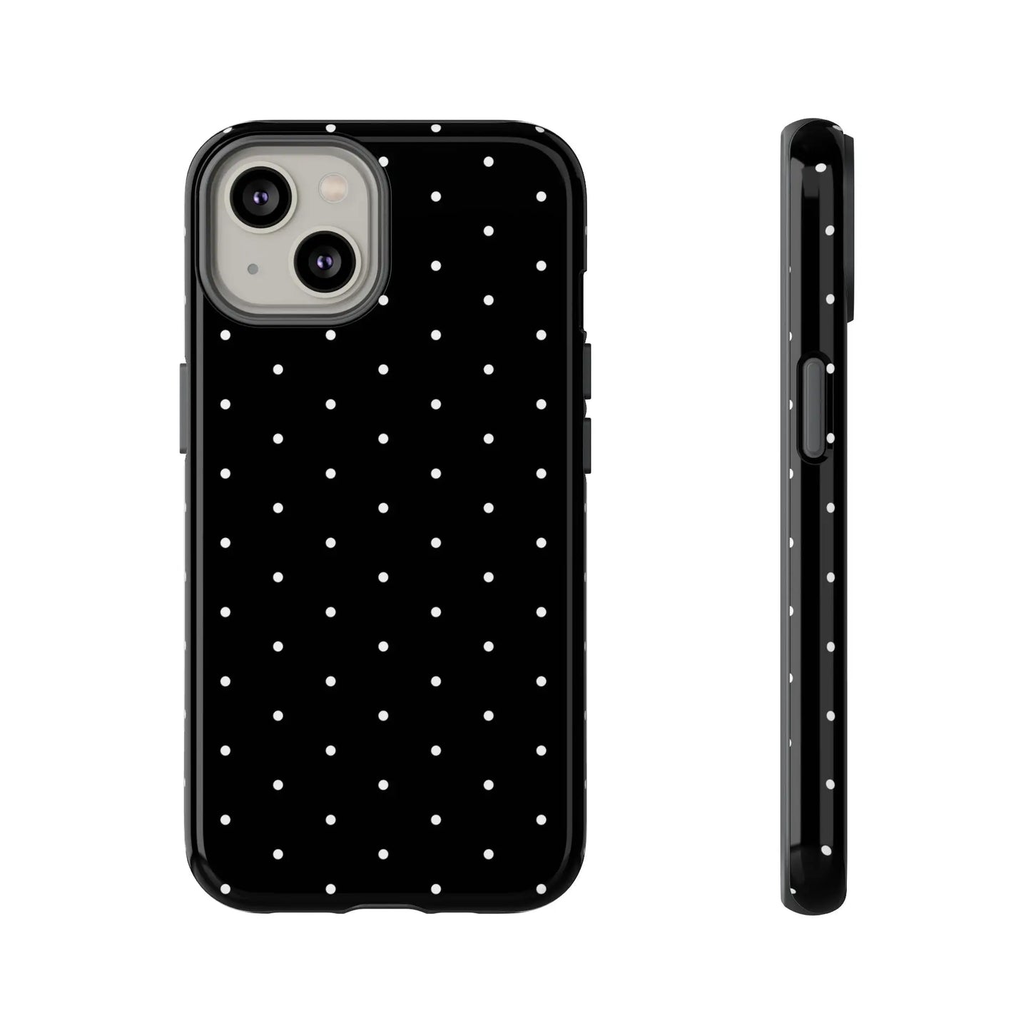 Image of the back side of an elegant black tough phone case with white polka dots stylish protective cover