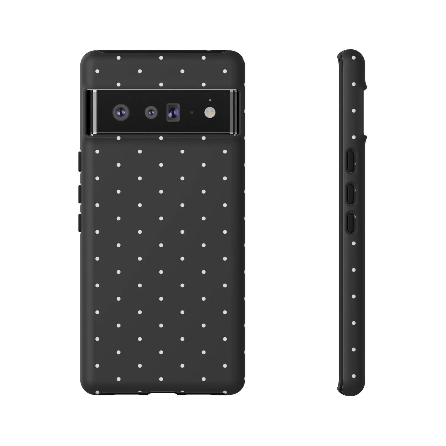 Elegant black tough phone case with white polka dots showing the back side for stylish protective use