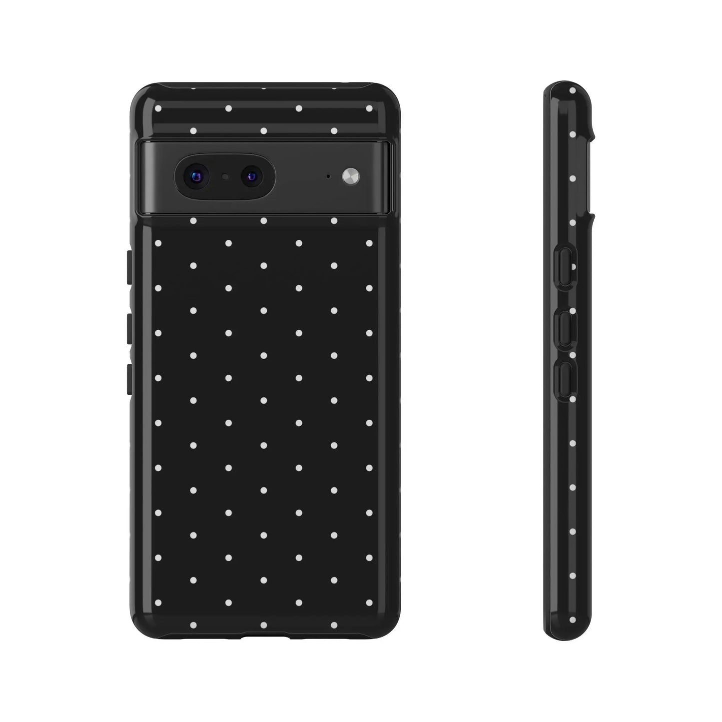 Back of an elegant black tough phone case with white polka dots stylish protective minimalist design