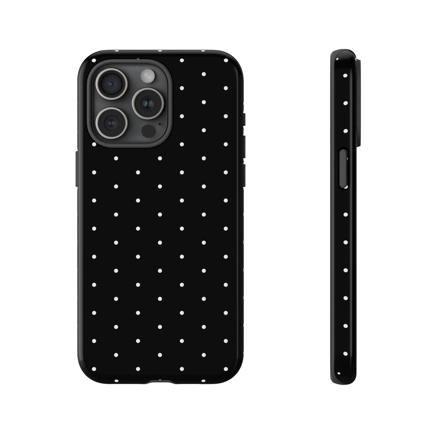 Back side of elegant black tough phone case with white dots minimalist design stylish protective cover gift for her