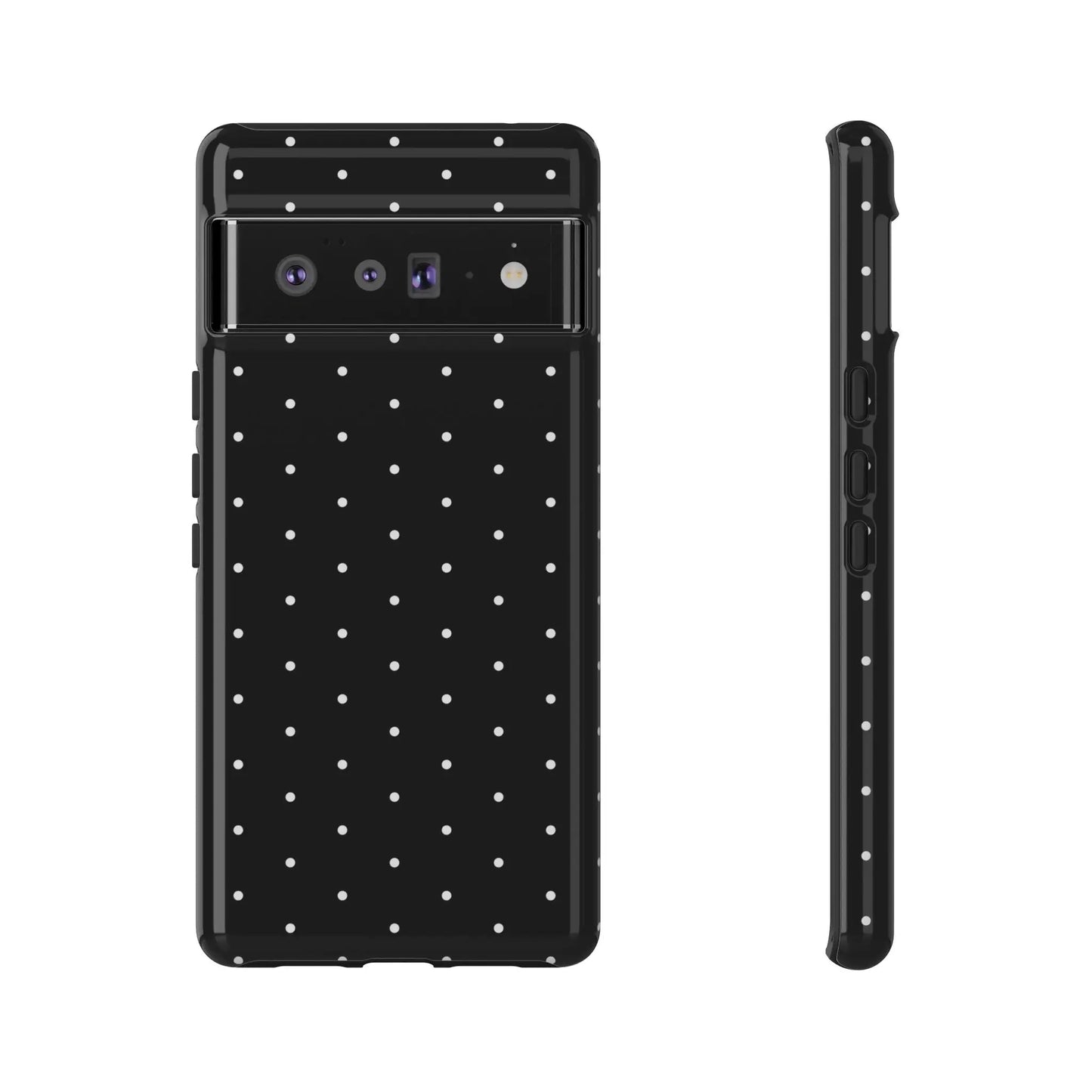 Elegant black tough phone case with white polka dots showing back side minimalist protective cover