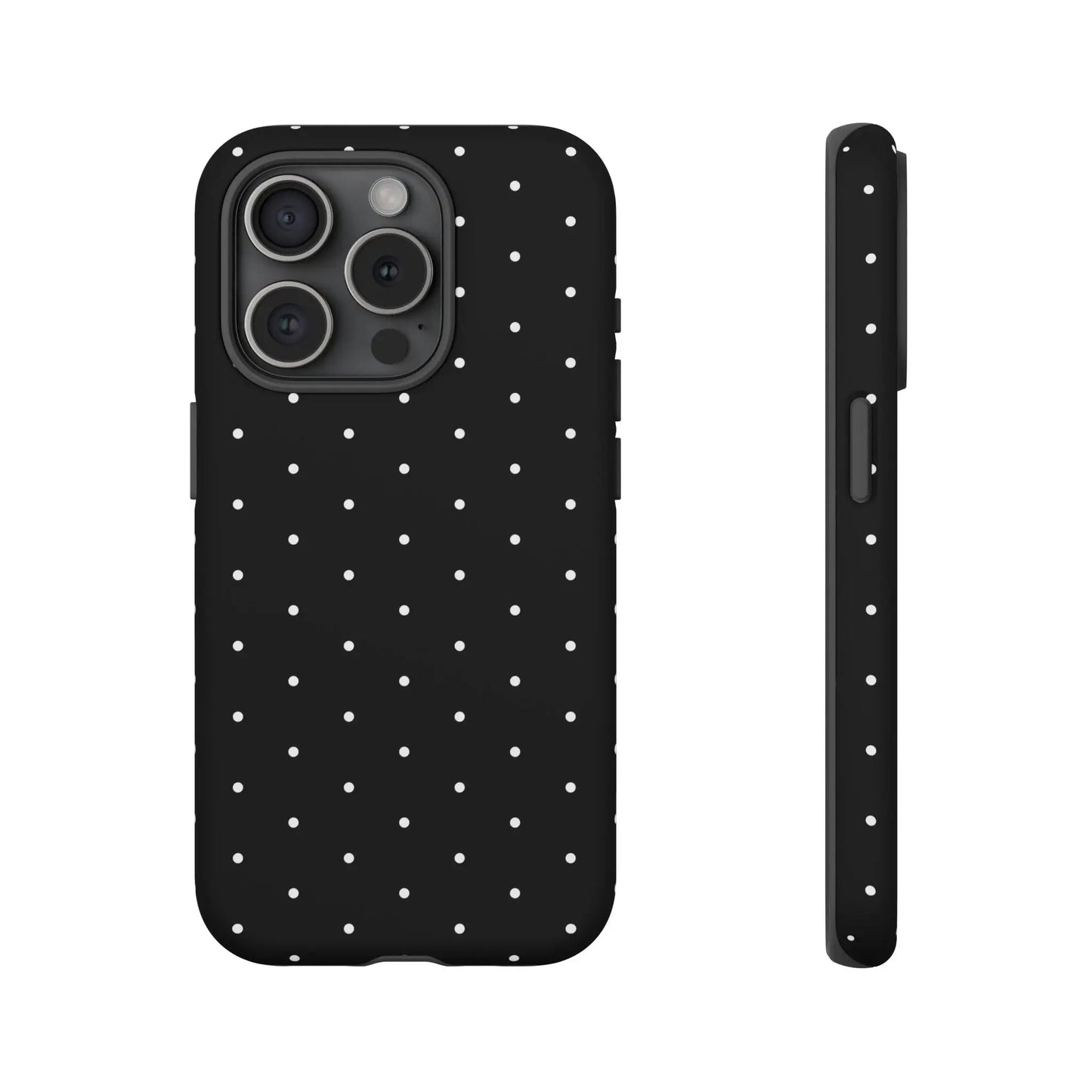 Elegant black tough phone case with white polka dots showing back side minimalist protective cover