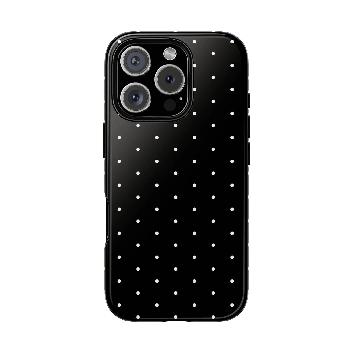 Back side of an elegant black tough phone case with white polka dots minimalist stylish protective cover