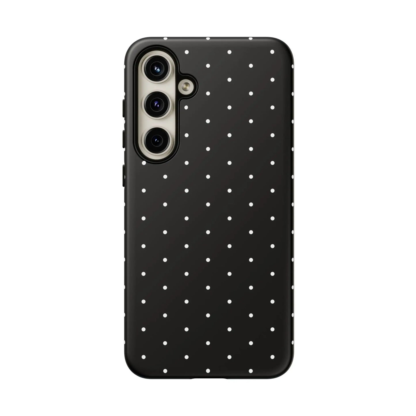 Black tough phone case with elegant black design featuring white polka dots for stylish protection back view