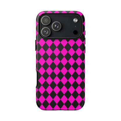 Back side of a vibrant pink black dimond phone case cover with sleek protective design for iphone google s24 and samsung pixel 7