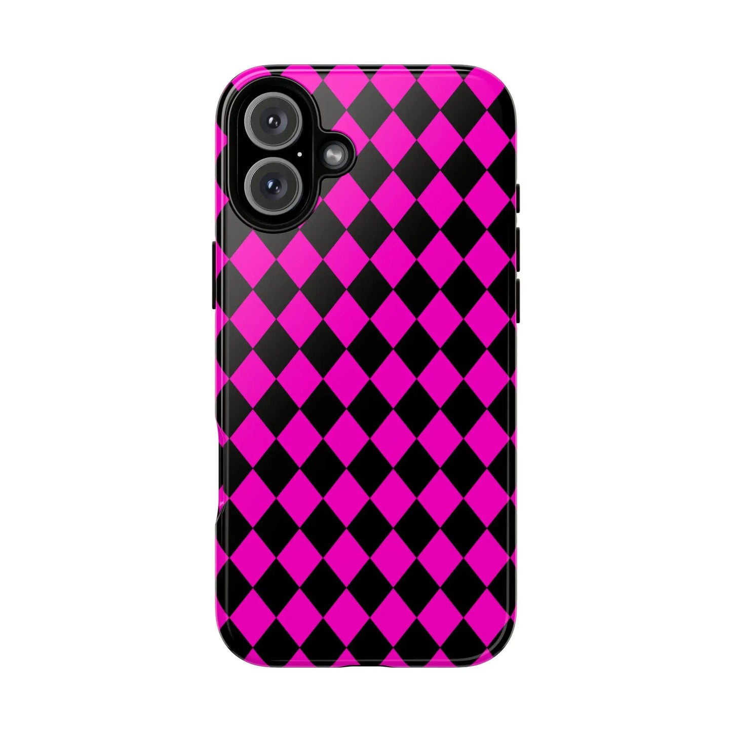 Back side of a vibrant pink black dimond phone case cover with a glossy finish for iphone google s24 and samsung pixel 7